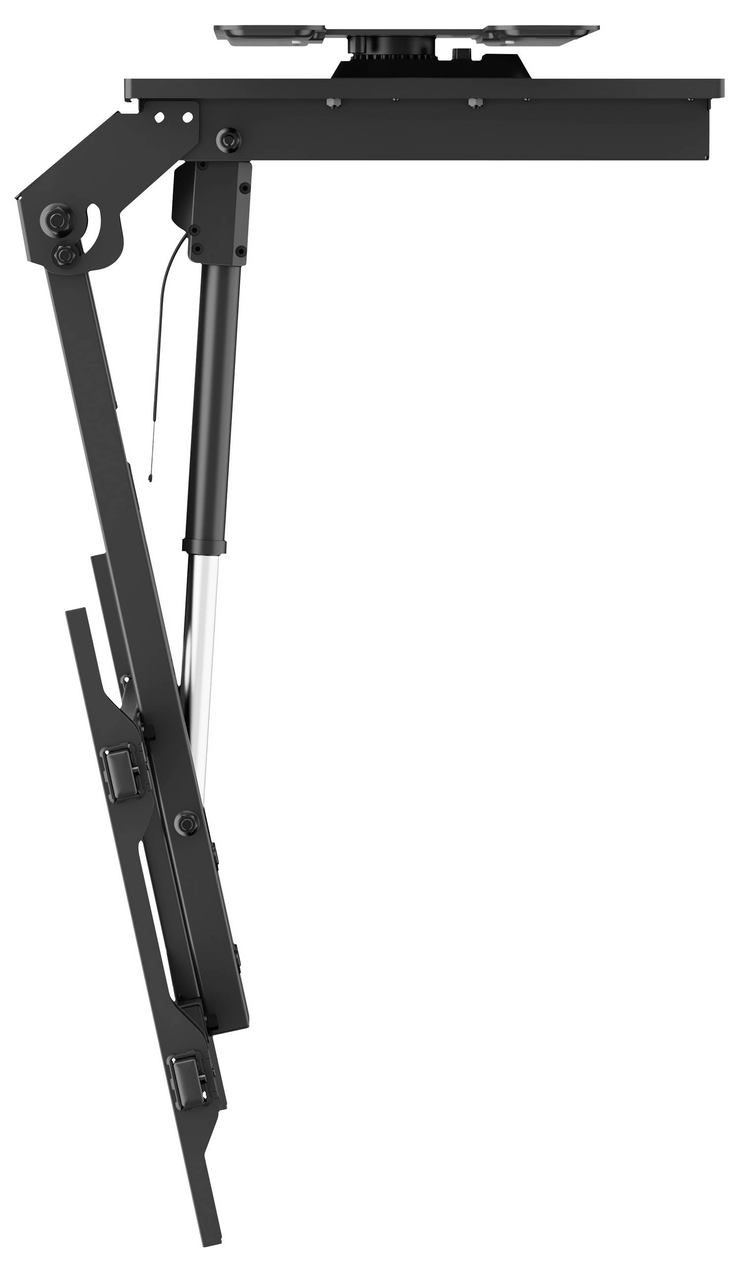 Seitenansicht eines schwarzen verstellbaren Schreibtischgestells, das das Hydraulikhebesystem und die Metallrahmenkomponenten zeigt.