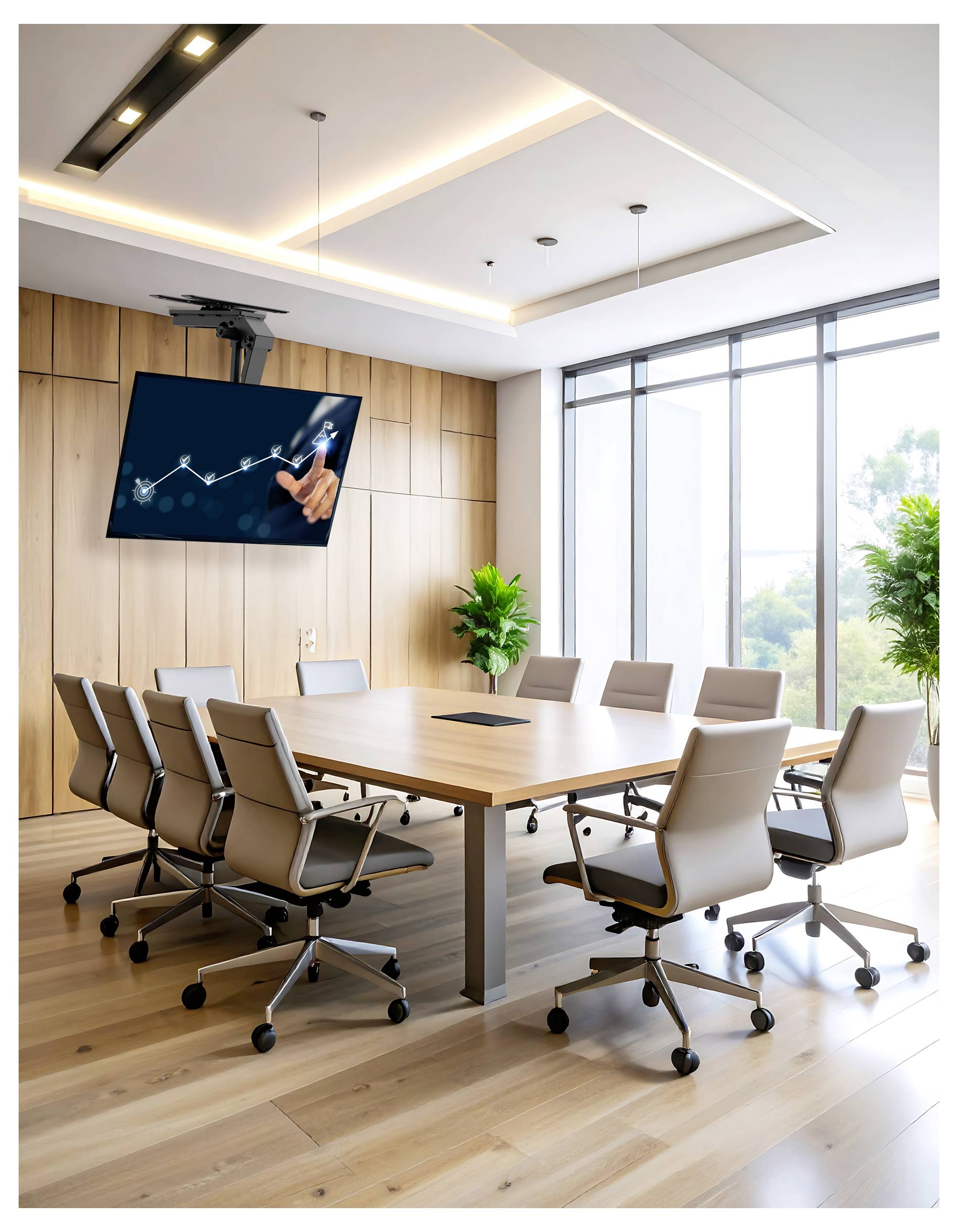 Ein moderner Konferenzraum mit einem langen Tisch, acht Stühlen, einem an der Wand angebrachten Bildschirm, der ein Diagramm anzeigt, und großen Fenstern, die natürliches Licht hereinlassen.