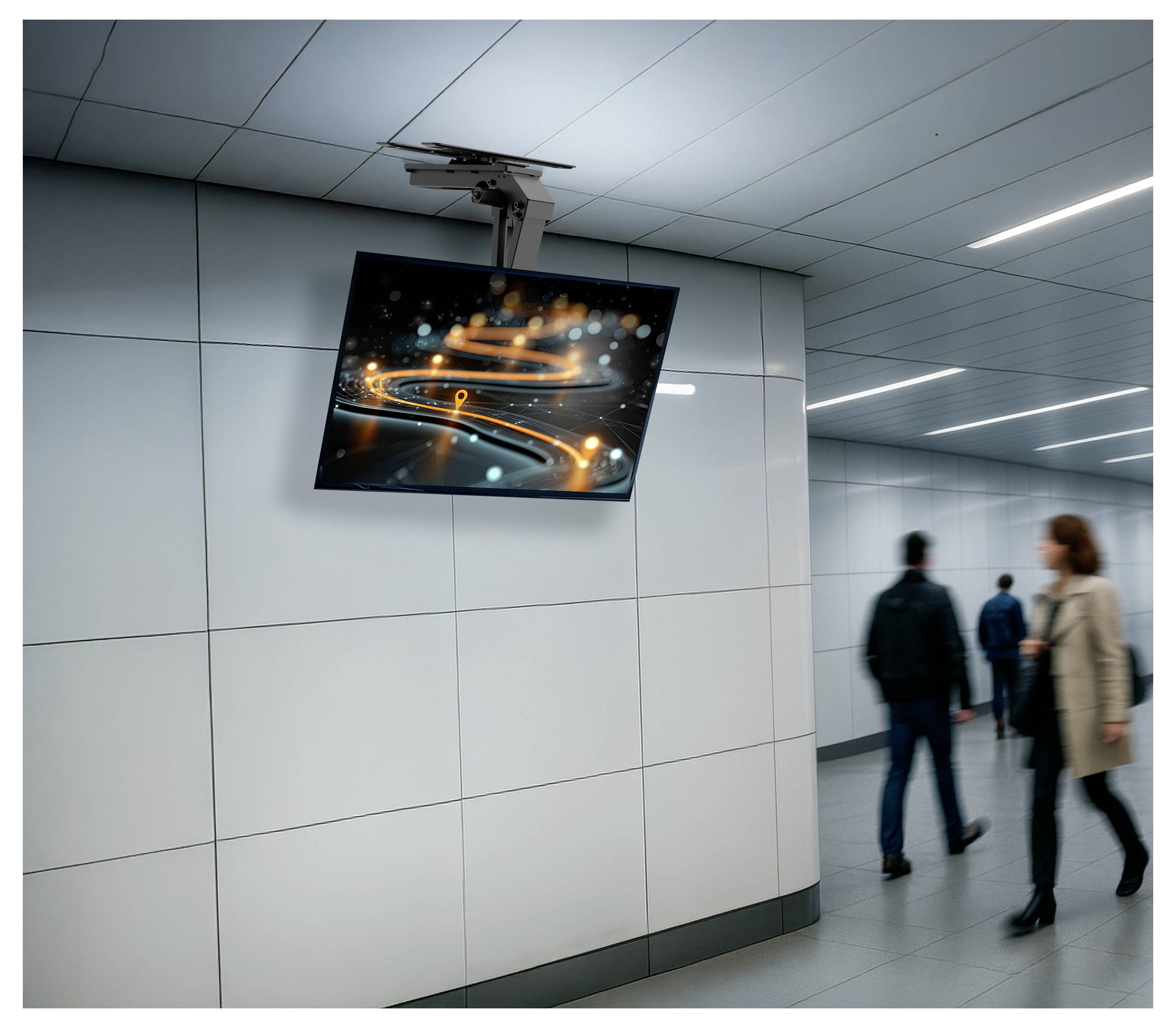 Ein Bildschirm in einem Flur zeigt ein abstraktes Bild mit leuchtenden Linien, das die Aufmerksamkeit von Passanten auf sich zieht, die durch einen modernen, mit Fliesen ausgelegten Flur gehen.