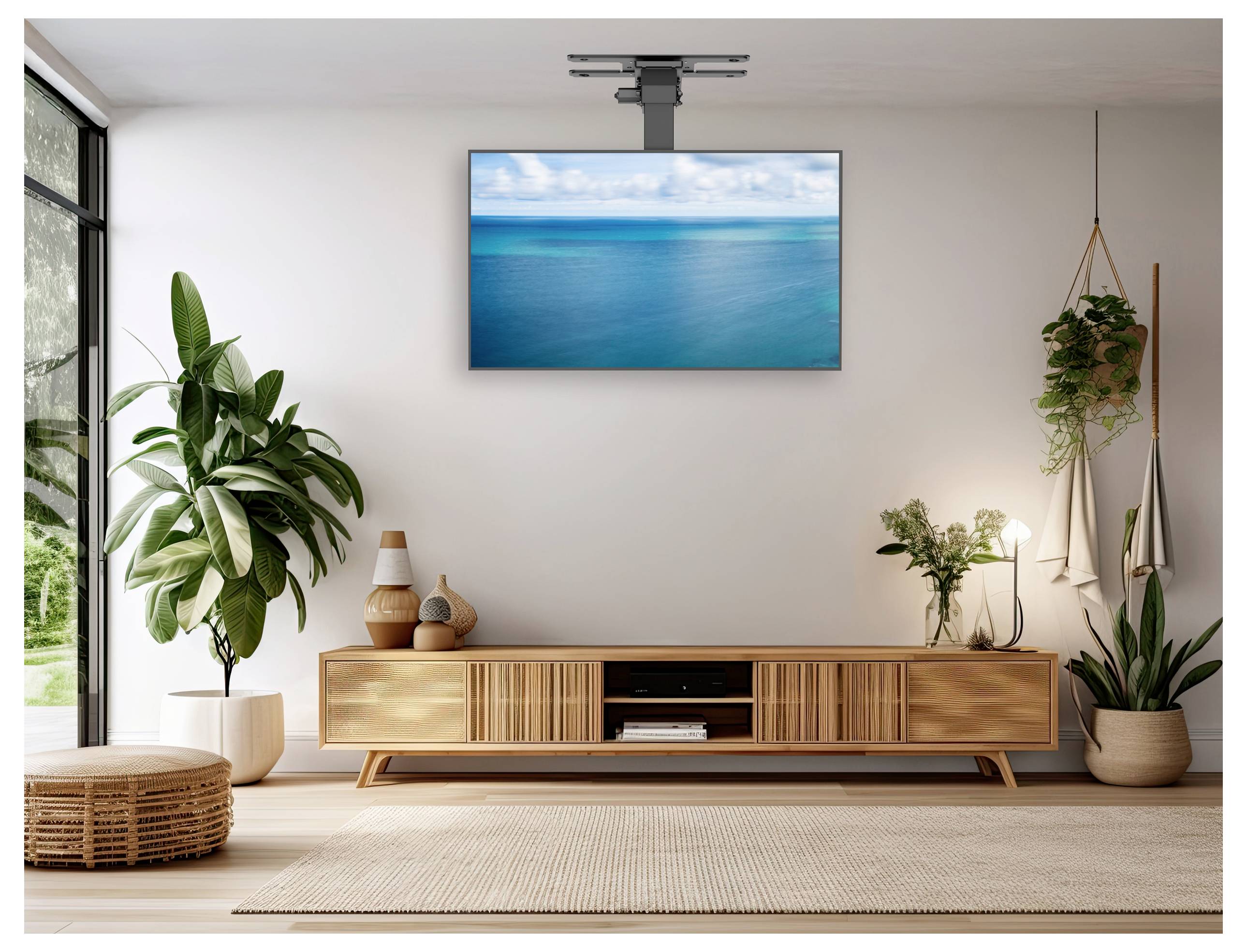 Ein stilvolles Wohnzimmer mit einem an der Wand montierten Fernseher, der eine Meeresszene zeigt, umgeben von Pflanzen, einer Holzkonsole und sanfter Beleuchtung.