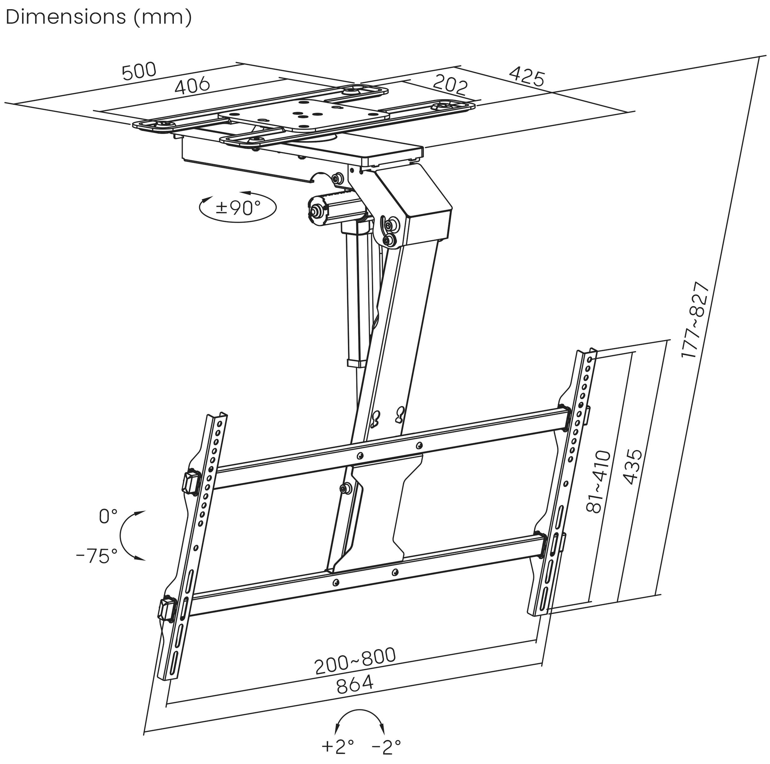 Diagramm einer verstellbaren Wandhalterung mit Abmessungen in Millimetern: Breite 200-800, Höhe 81-410, Tiefe 177-827. Neigung: 0° bis -75°.