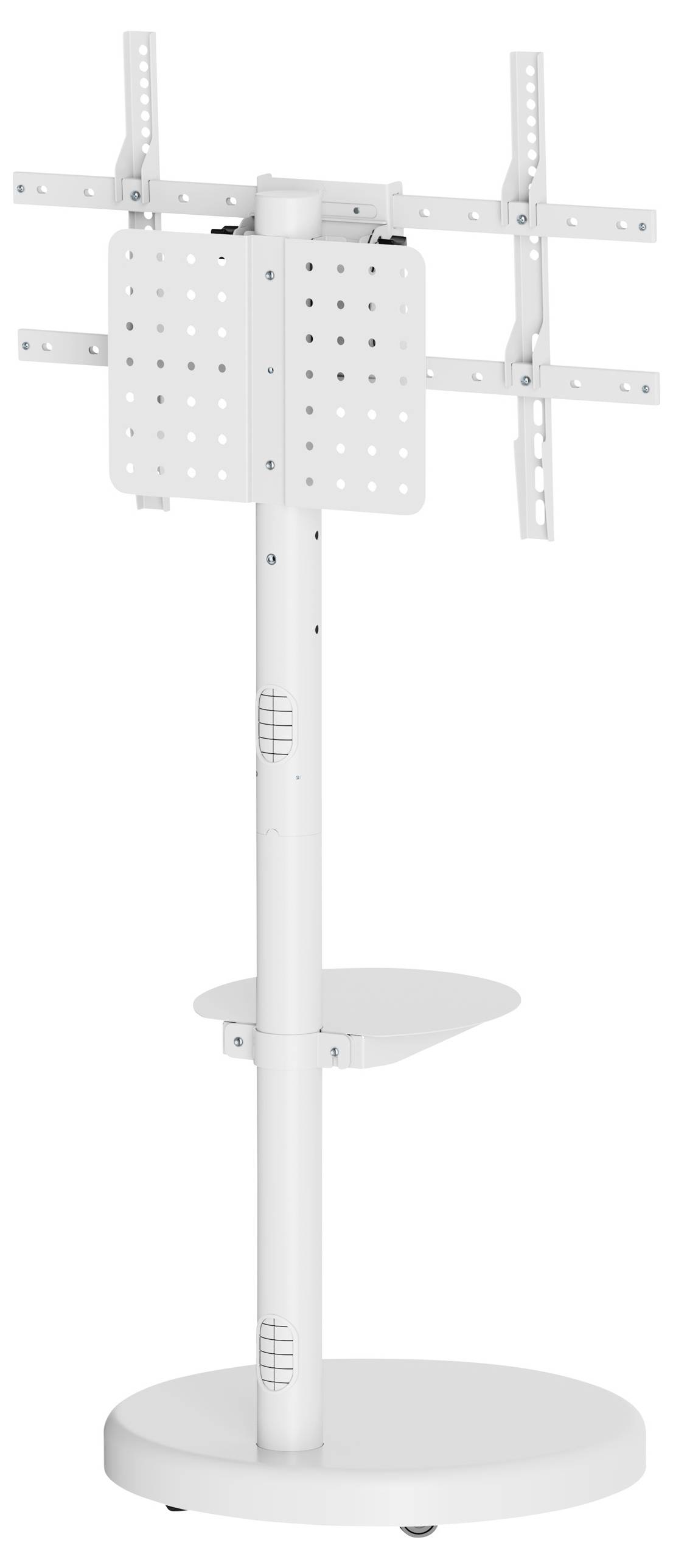 Ein weißer, höhenverstellbarer TV-Bodenständer mit stabilem Fuß, einstellbarer Höhe und Halterungen für Flachbildschirm-Fernseher.