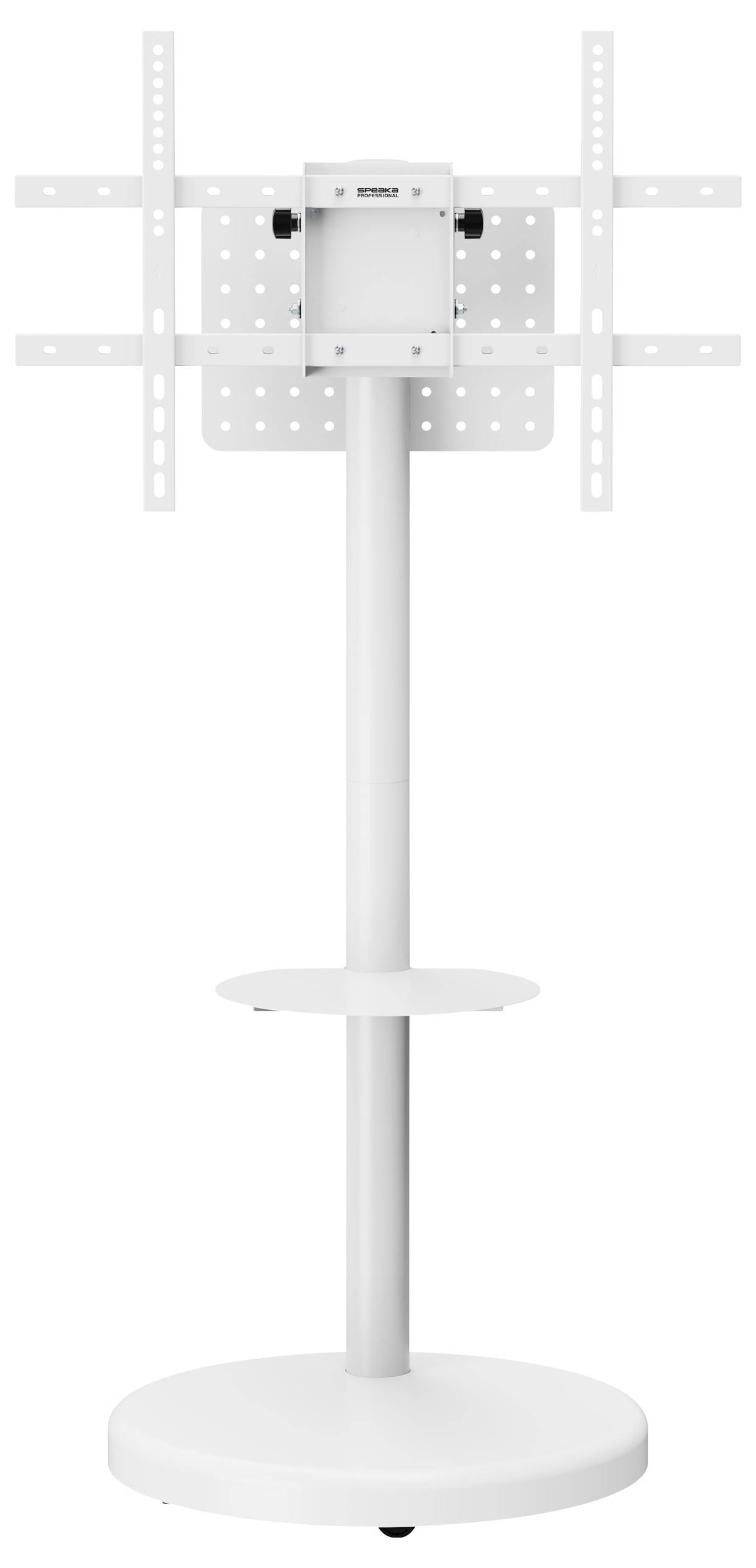 Ein weißer freistehender TV-Ständer mit einer kreisförmigen Basis und verstellbarer Halterung, geeignet für Flachbildschirm-Fernseher, mit einem schlanken Stützpfosten.