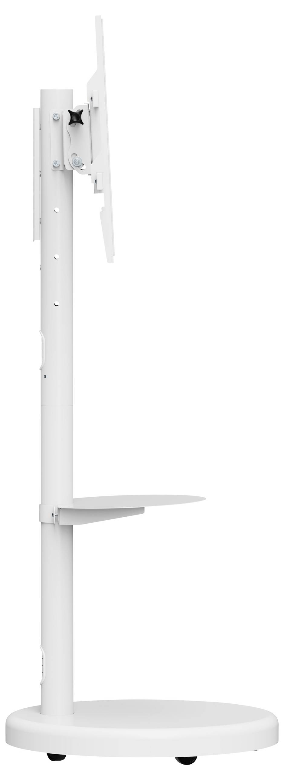 Ein weißer vertikaler Ständer mit einer flachen, runden Basis und verstellbarer Höhe. Er verfügt über ein kleines Regal und eine Halterung für einen Monitor oder Bildschirm.