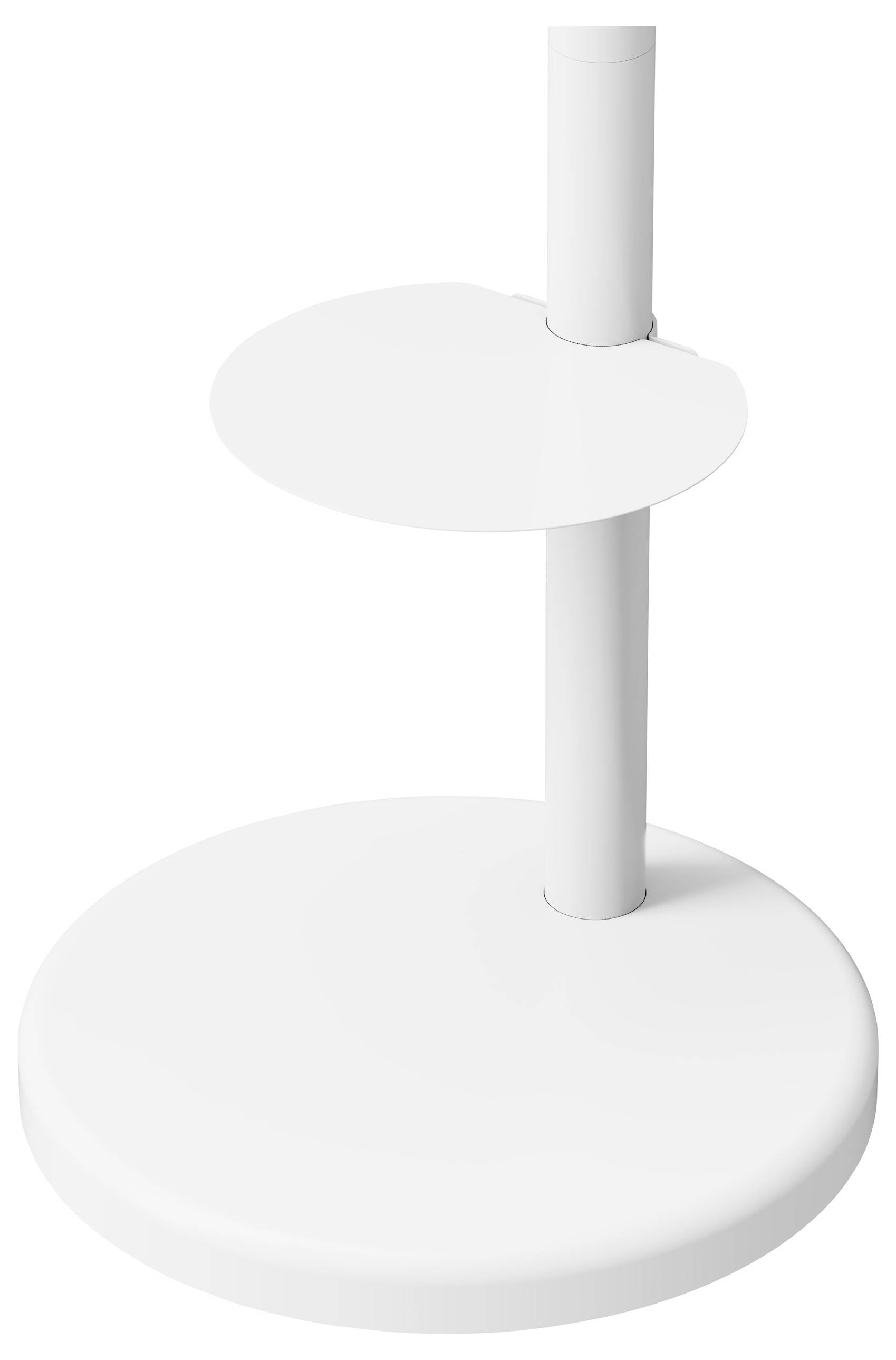Ein weißer, runder Ständer mit zwei kreisförmigen Plattformen; einer kleineren Plattform nahe dem oberen Bereich und einer größeren Basis, der zum Organisieren oder Präsentieren von Gegenständen konzipiert ist.