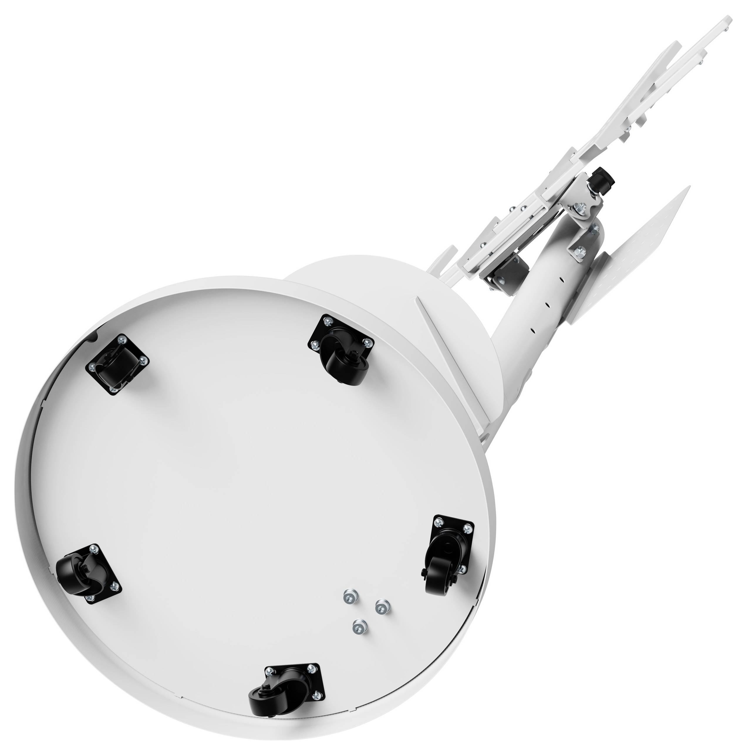 Ein zylindrischer Satellit oder eine Parabolantenne, von unten betrachtet, mit Befestigungsträgern und Montagezubehör, die an der Unterseite sichtbar sind.