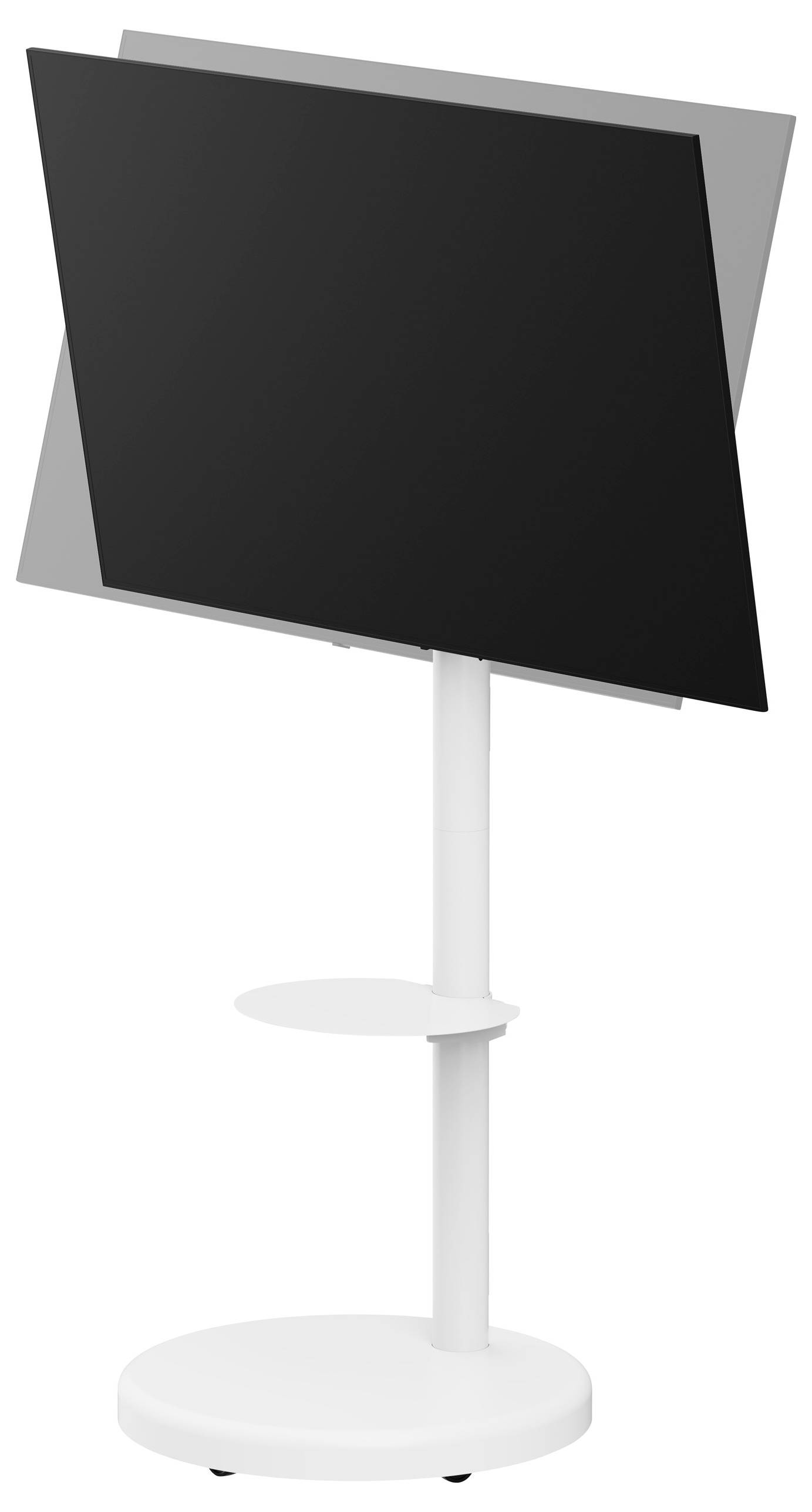 Ein schwarzer, verstellbarer Displayständer mit weißem Sockel und Schaft, geeignet zum Halten von Bildschirmen oder Informationstafeln.
