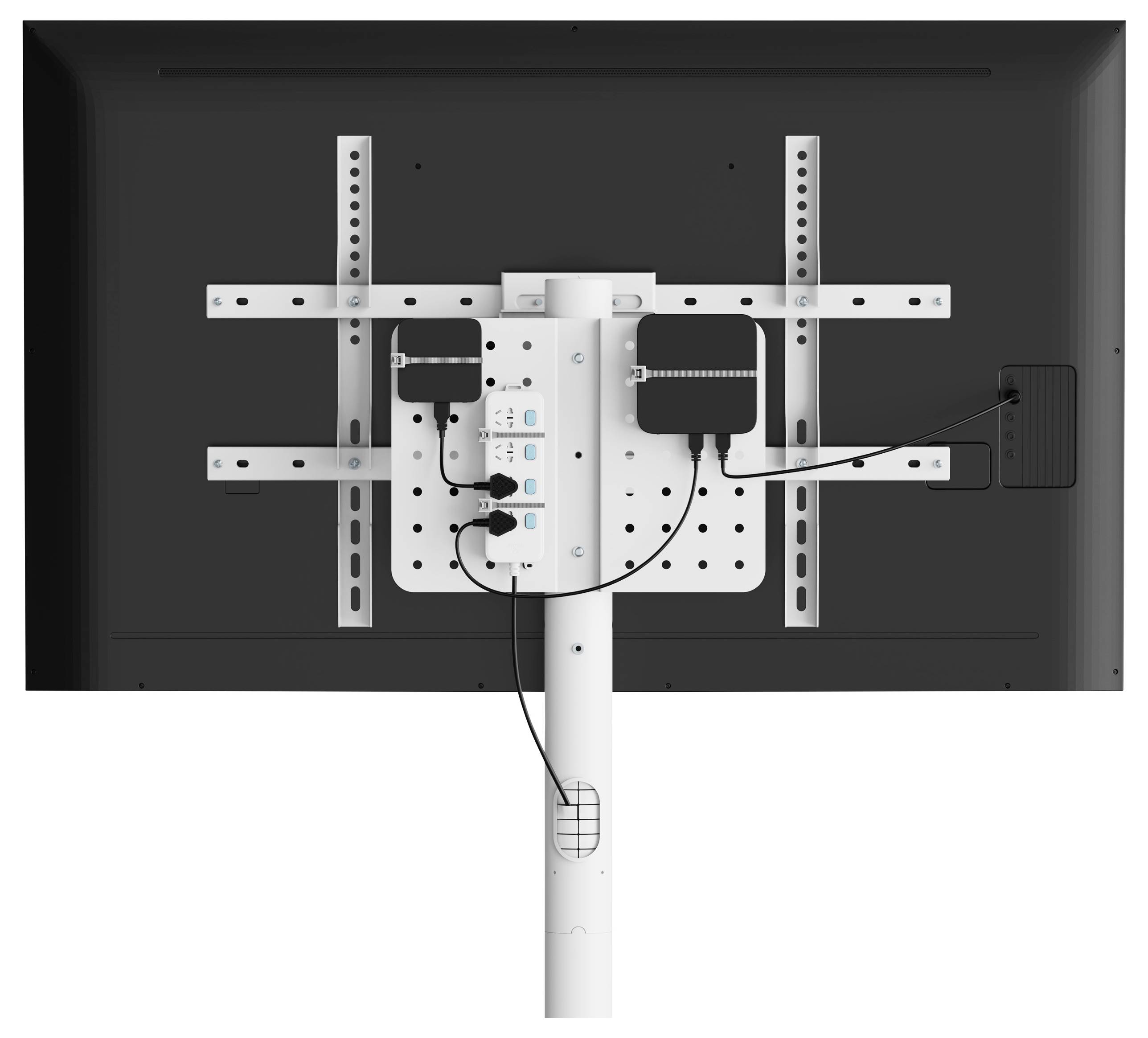 Rückansicht eines Monitors mit montiertem Halterungsarm, der Kabelmanagement zeigt, einschließlich Strom- und Datenkabel, die mit einem Ständer verbunden sind.
