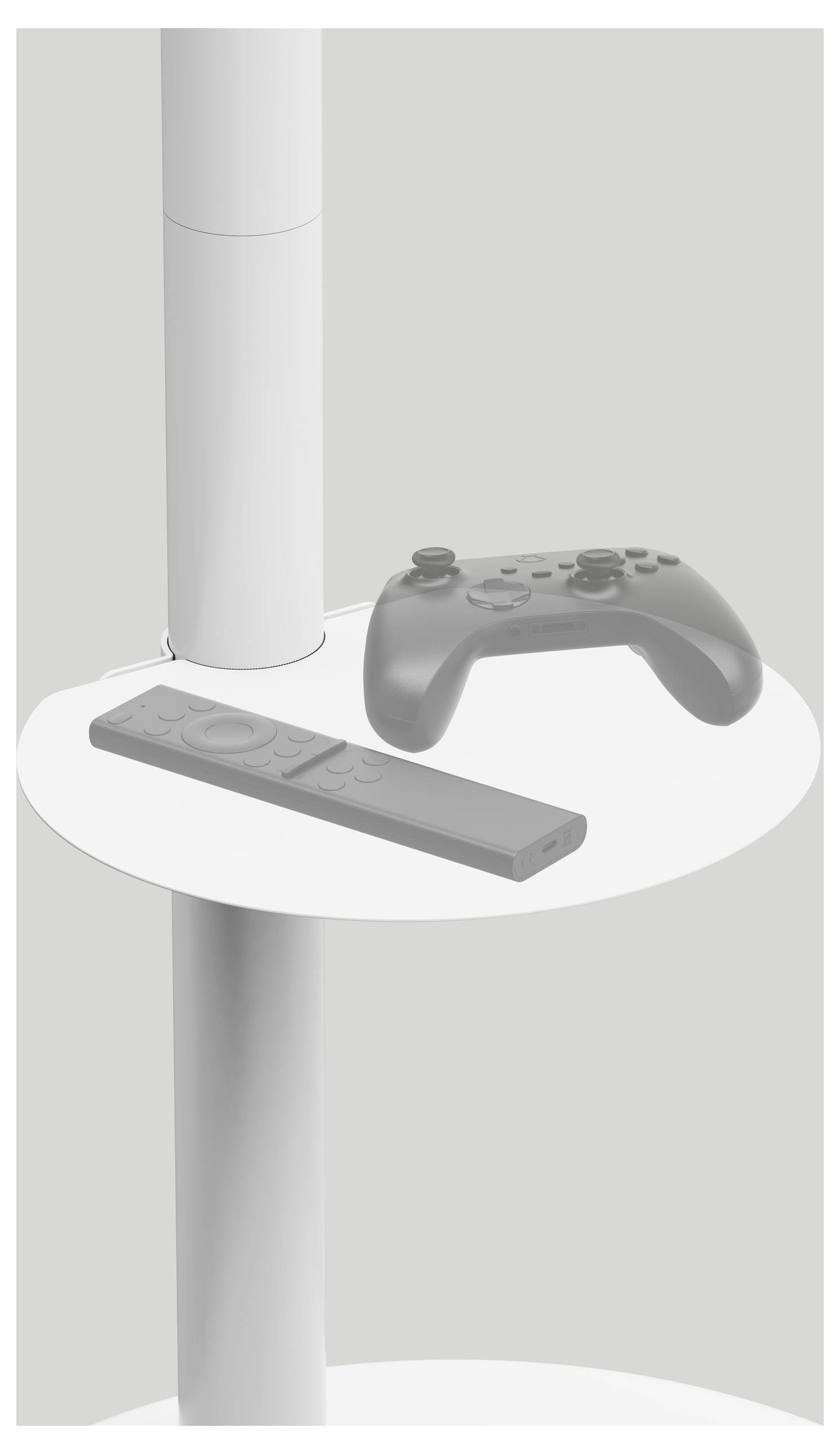 Ein weißer Ständer mit einem kreisförmigen Regal, der einen Gamecontroller und eine rechteckige Fernbedienung trägt.