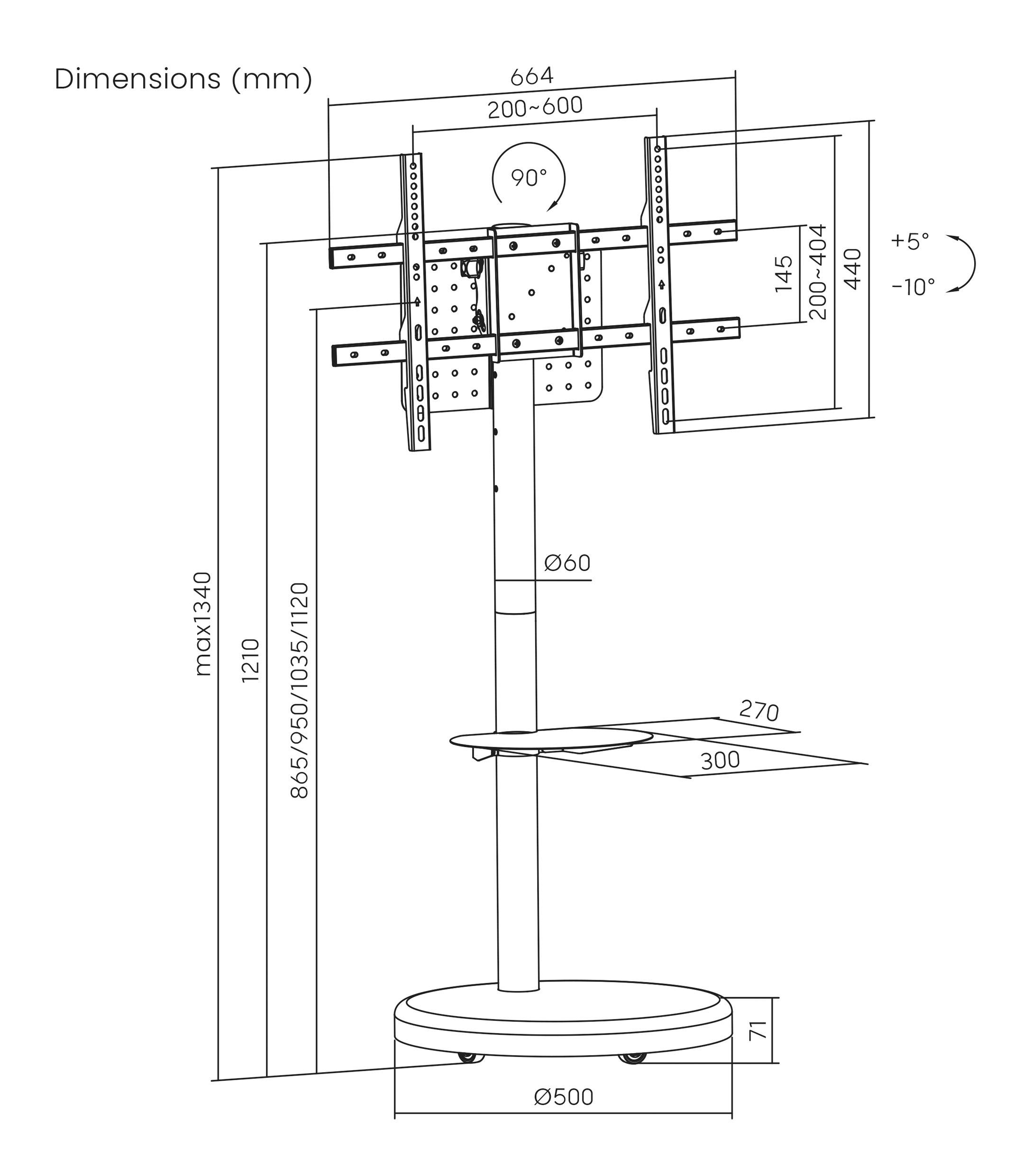 Fernsehständer Schematik in Millimetern: Höhe 1340, verstellbare Breite 200-600, Neigungsbereich +5° bis -10°, Basisdurchmesser 500.