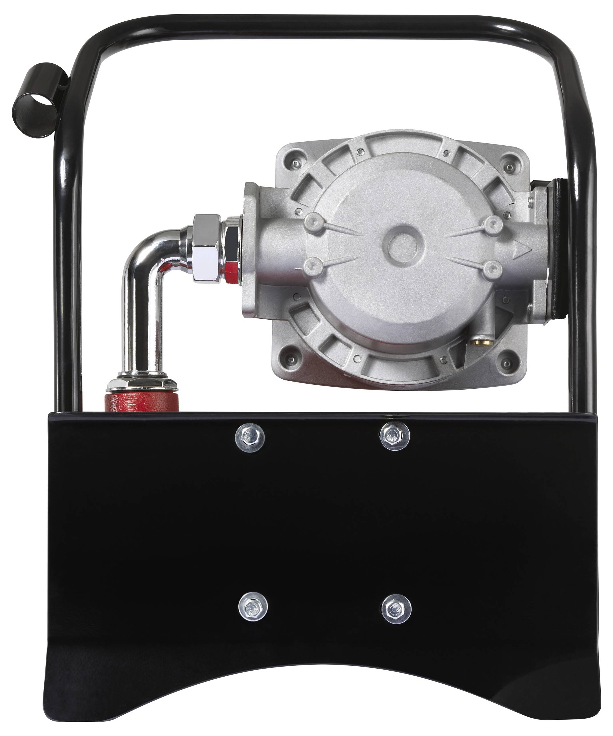 Eine Hydraulikpumpe, die in einen schwarzen Schutzrahmen eingebettet ist und eine Metallrohranbindung sowie sichtbare Schrauben aufweist, vor einem weißen Hintergrund.