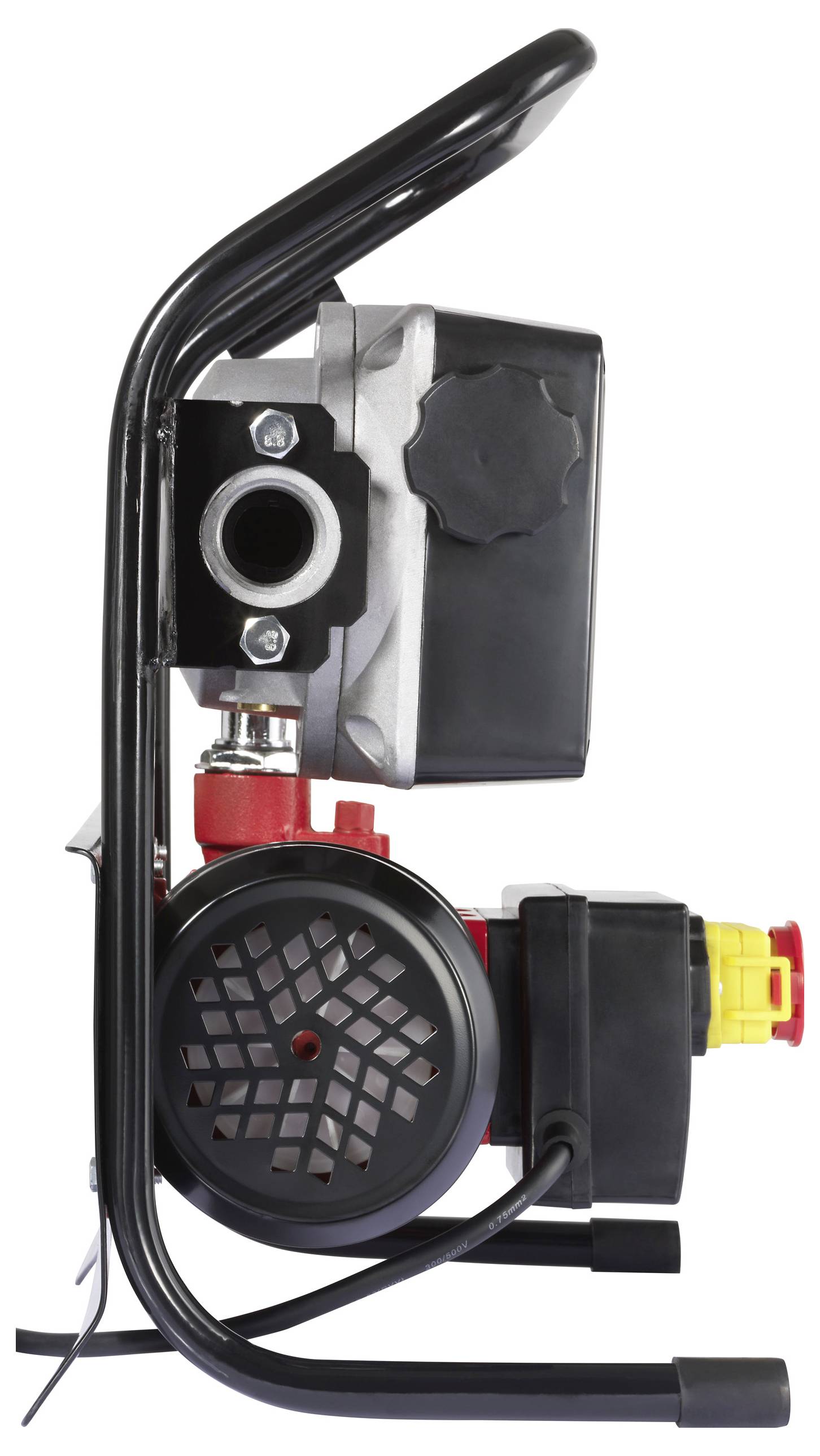 Ein tragbarer Luftkompressor mit schwarzem Griff, Manometer und roten Komponenten, der zum Aufpumpen von Reifen oder zum Antrieb von Werkzeugen verwendet wird.