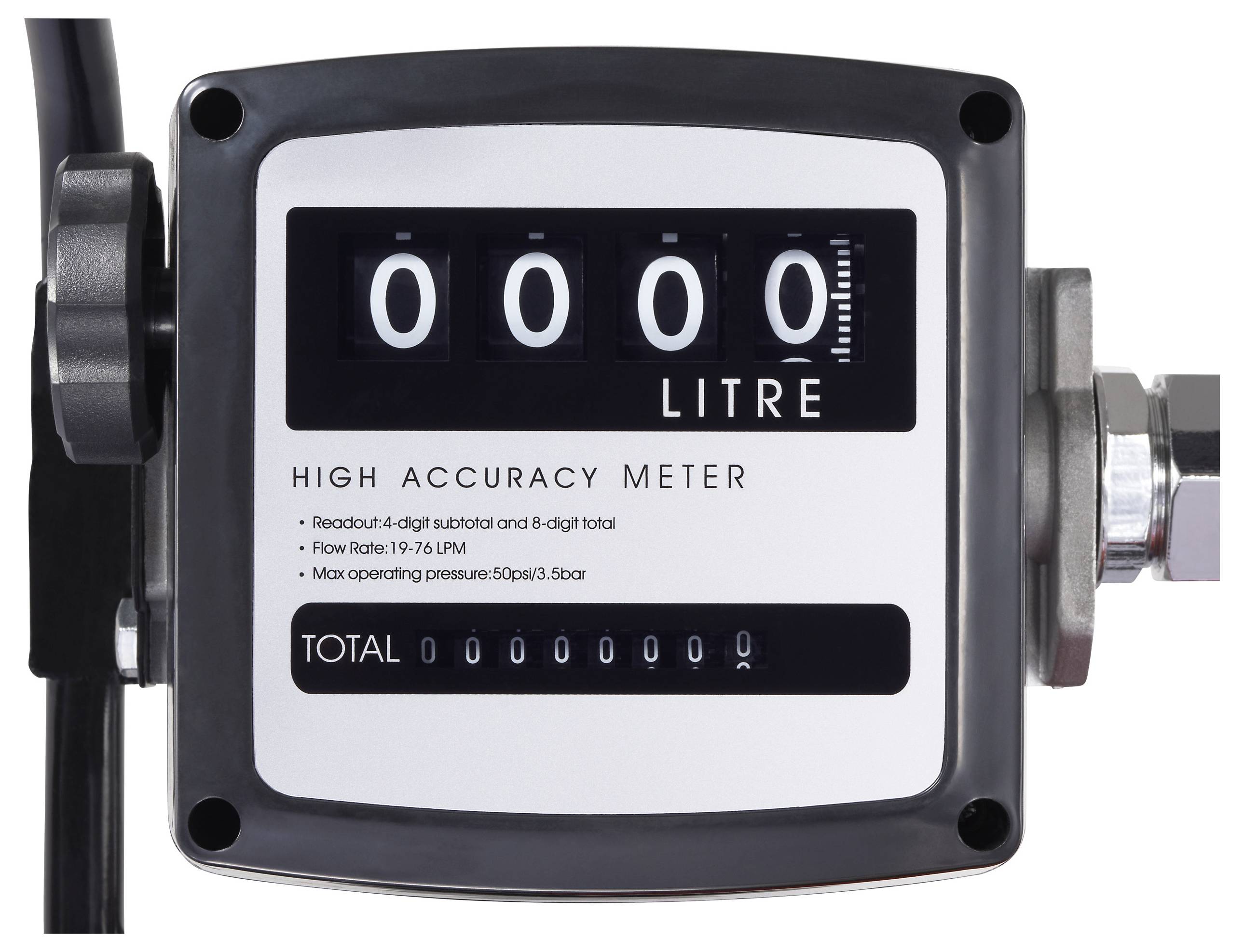 Hochgenauer Durchflussmesser mit Anzeige '0000' Liter; inklusive Gesamtzähler und Spezifikationen für Durchflussmenge und maximalen Betriebsdruck.