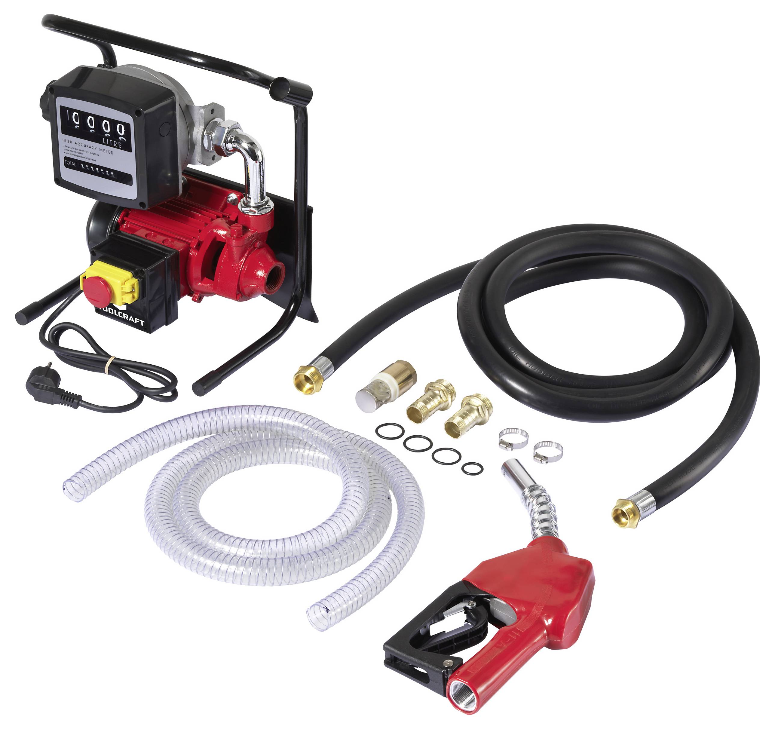 Ein tragbares Kraftstoffübertragungspumpen-Set enthält einen Zähler, Schläuche, Ausgüsse, Schellen und Anschlüsse. Entwickelt für effiziente Kraftstoffverteilung.