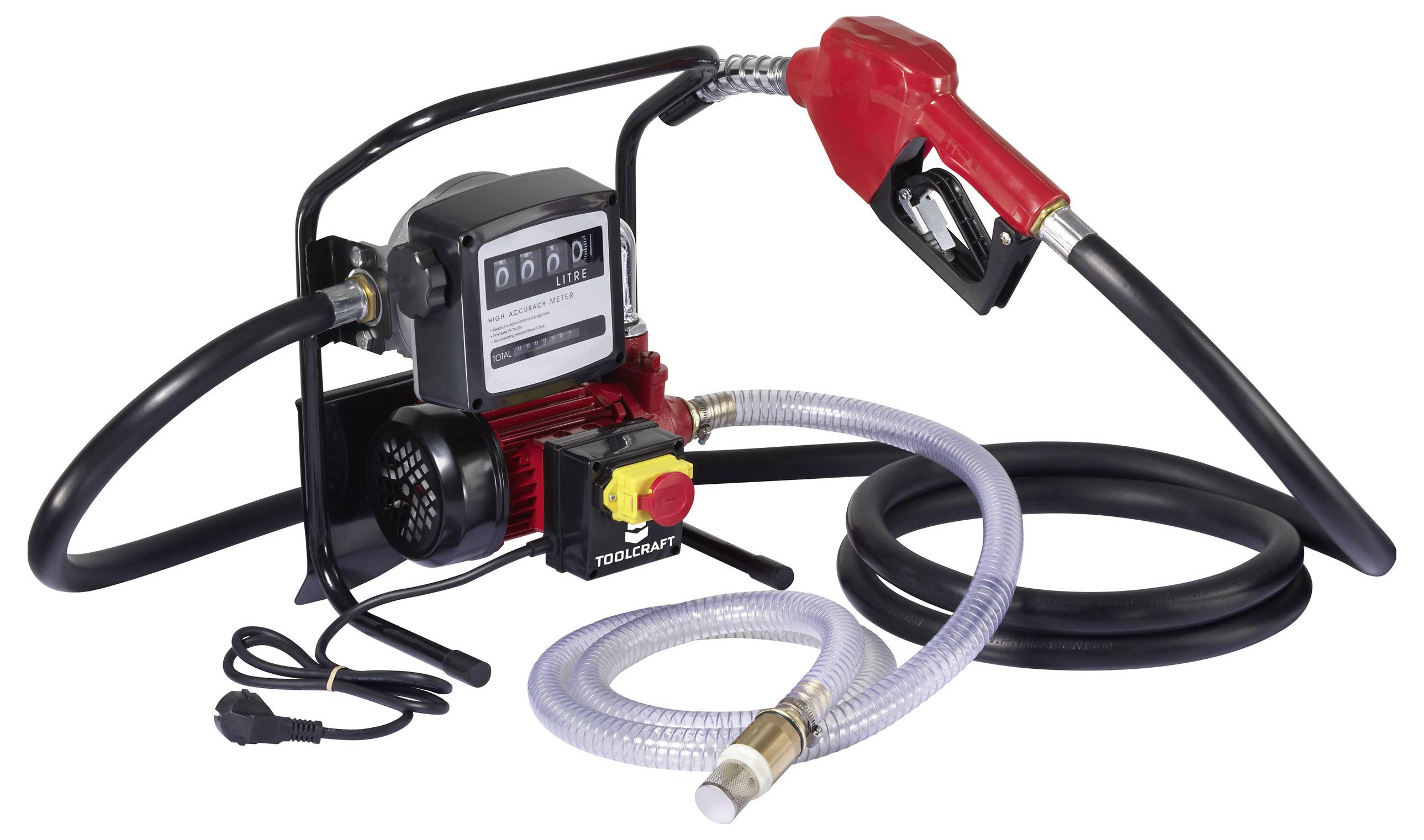 Eine mobile Kraftstoffübertragungspumpe mit digitaler Anzeige, flexiblen Schläuchen und einer roten Düse. Verwendet für einfache und effiziente Kraftstoffabgabe.