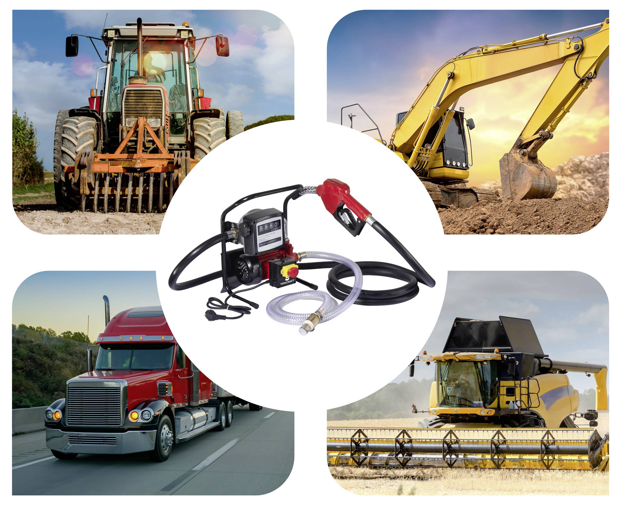 Tragbare Kraftstoffübertragungspumpe in der Mitte, umgeben von Bildern von Maschinen: ein Traktor, Bagger, Lastwagen und ein Mähdrescher in Aktion.