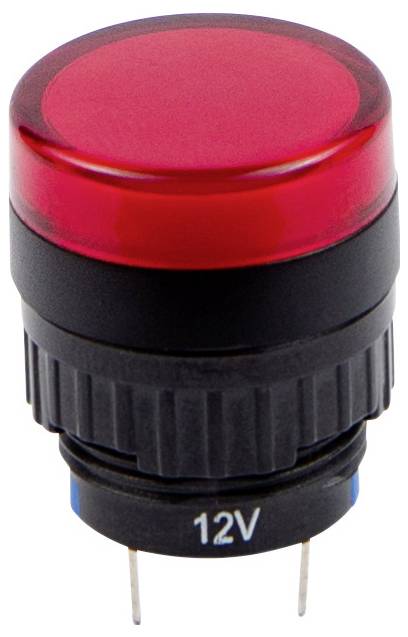 Ein roter Drucktaster mit einer 12V-Bewertung, schwarzer Basis und Metallanschlüssen für Schaltkreisverbindungen, typischerweise verwendet in elektronischen Geräten.