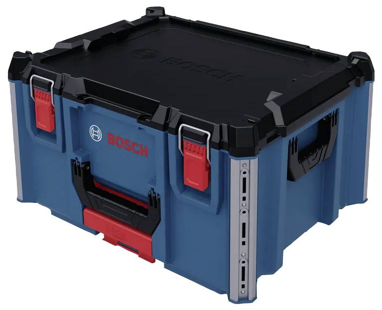 Eine blaue und schwarze Bosch-Aufbewahrungsbox mit roten Verschlüssen und einem Tragegriff.