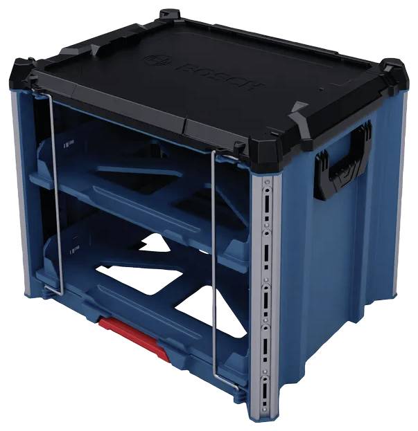 Eine blaue und schwarze Aufbewahrungsbox mit zwei sichtbaren herausziehbaren Schubladen und seitlichen Griffen, die zum Organisieren von Werkzeugen oder Ausrüstung konzipiert ist.