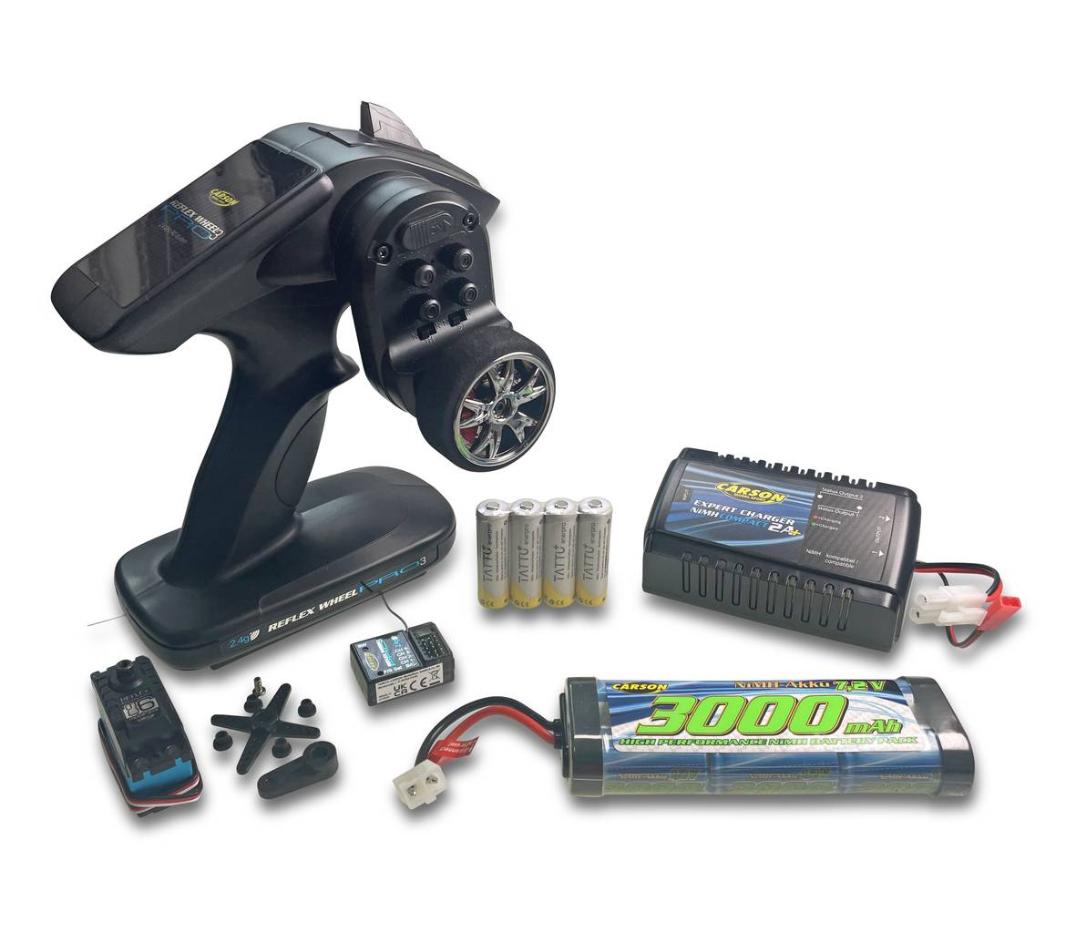 Fernbedienungs-Set inklusive eines Controllers, Batterie, Ladegerät und Ersatzteilen; verwendet zur Steuerung von RC-Fahrzeugen.