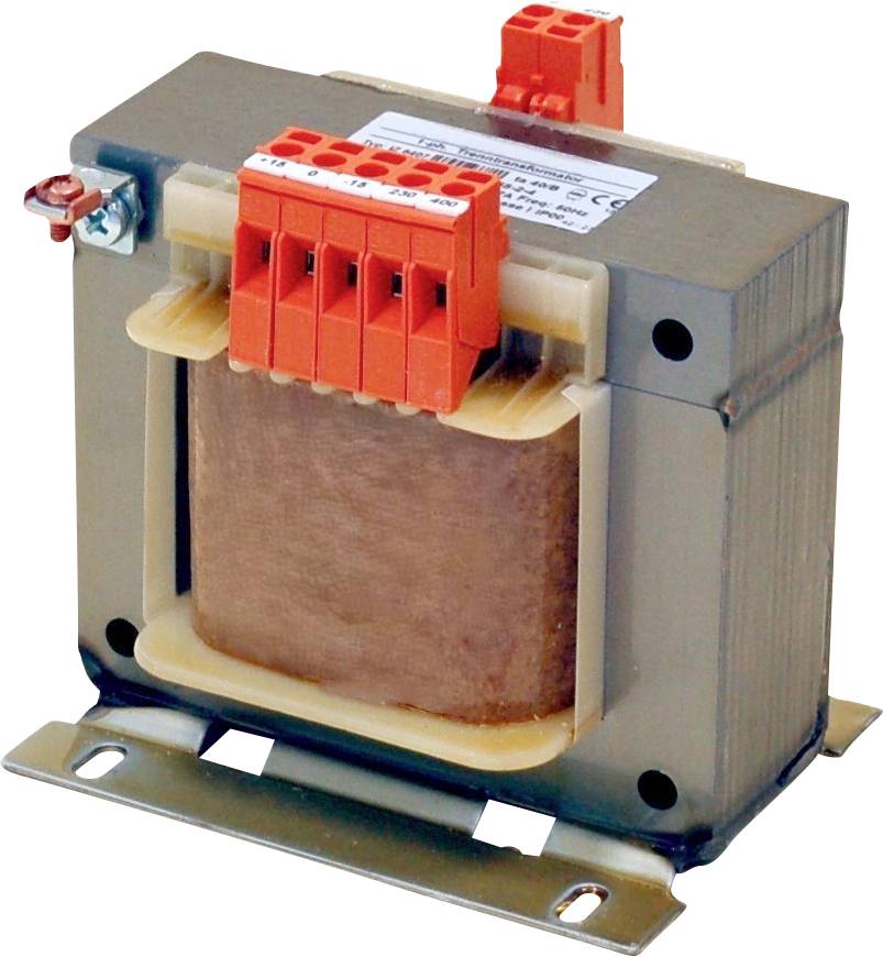 Ein brauner industrieller Transformator mit Metallgehäuse und roten und orangefarbenen Anschlussklemmen oben, montiert auf einer Metallbasisplatte.