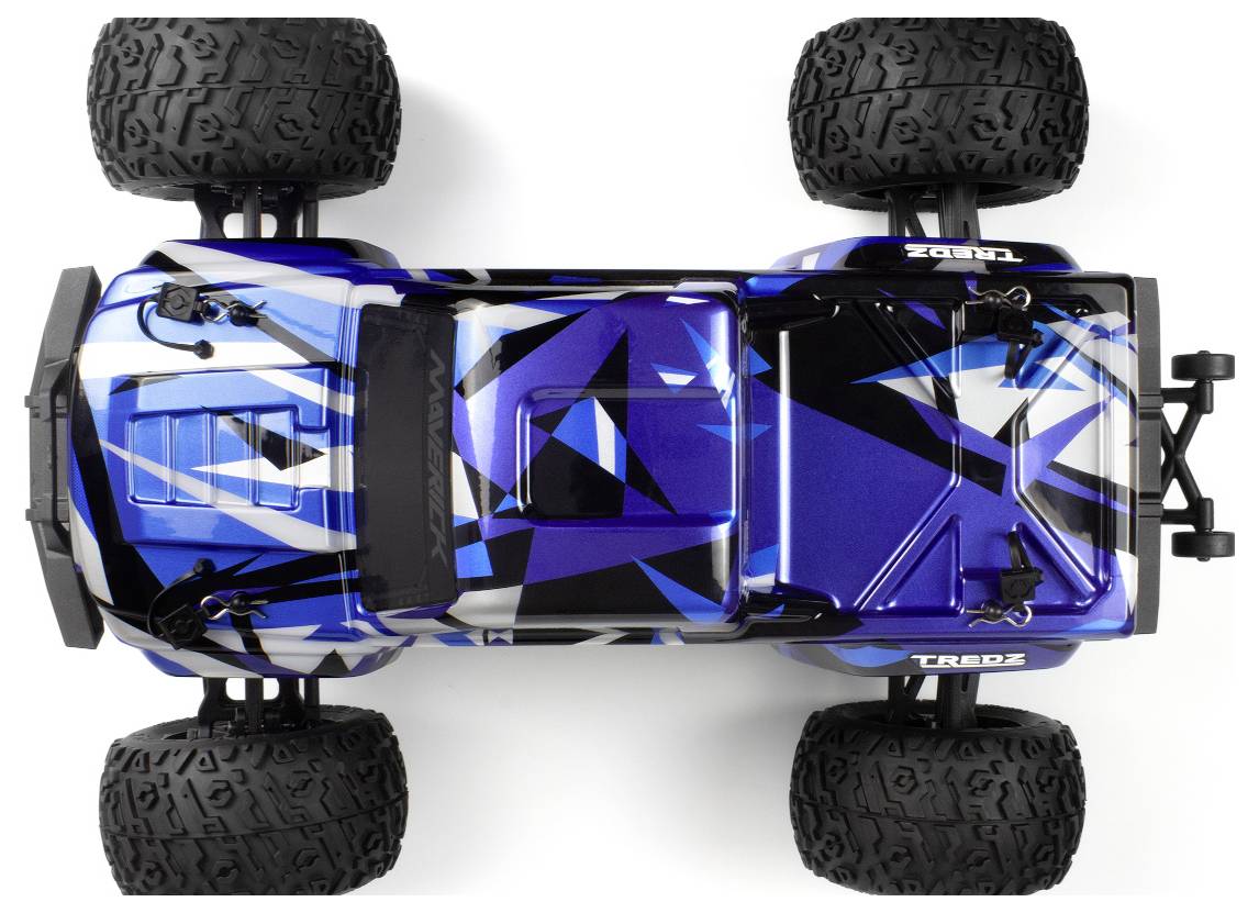 Eine Draufsicht eines blauen und schwarzen ferngesteuerten Monstertruck mit großen Reifen, der geometrische Muster auf dem Karosseriebody aufweist.