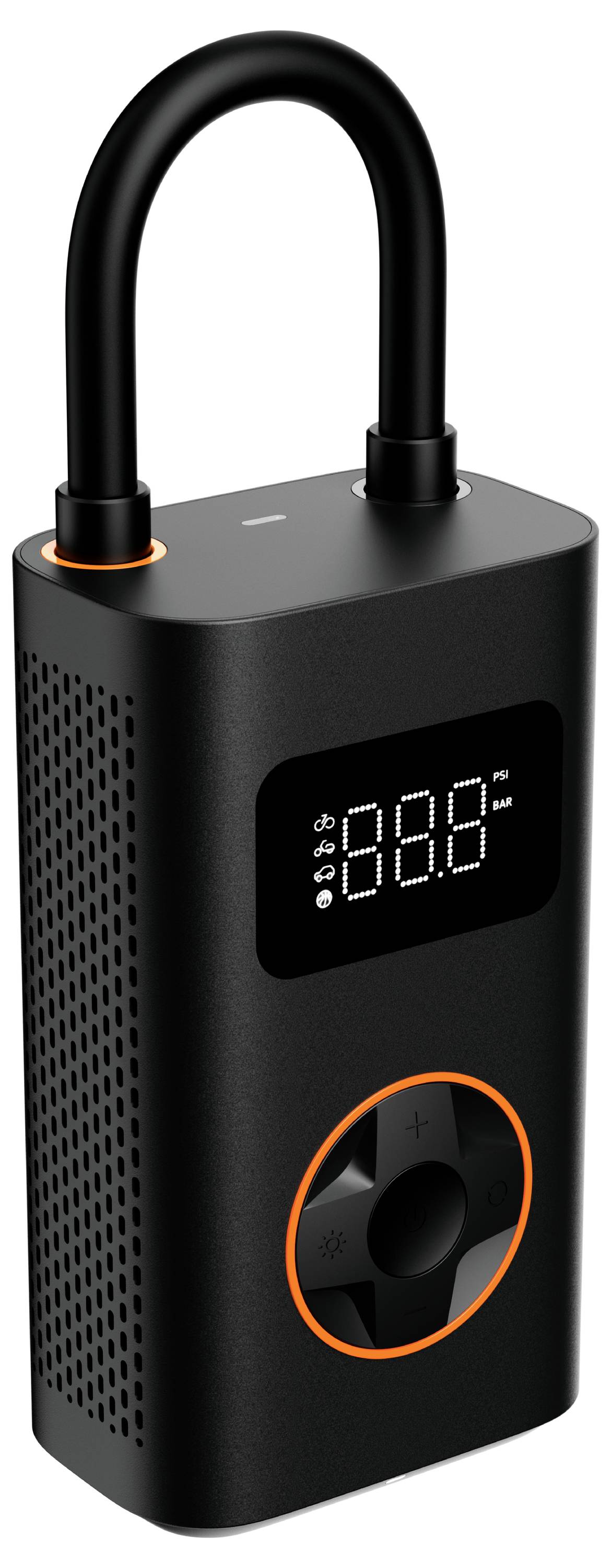 Eine tragbare digitale Luftpumpe mit einem Bildschirm, der den Druck anzeigt, und mit orange hervorgehobenen Steuerungstasten.