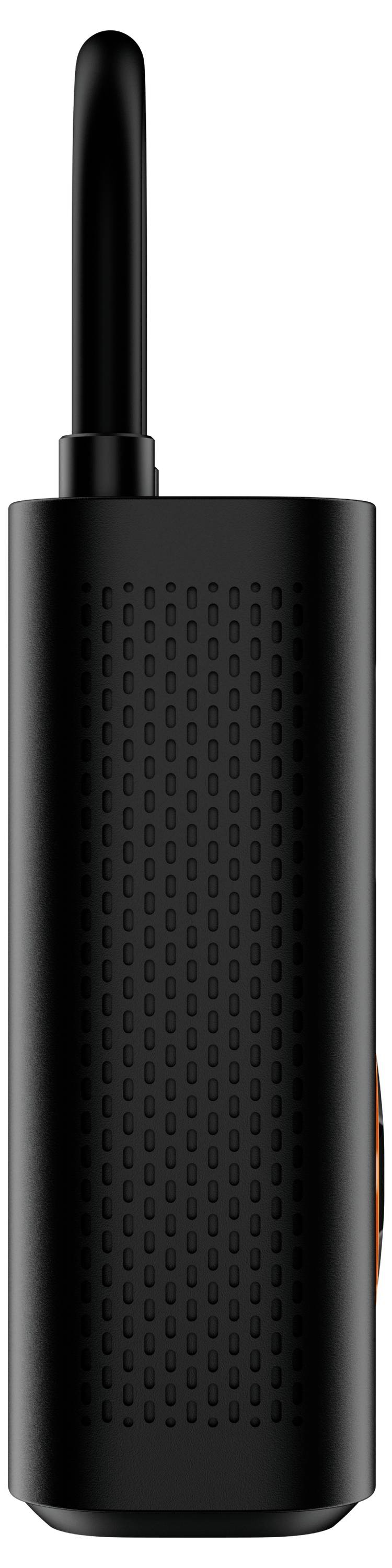 Ein schwarzes rechteckiges Gerät mit einer Antenne oben, das eine strukturierte Griffoberfläche aufweist.