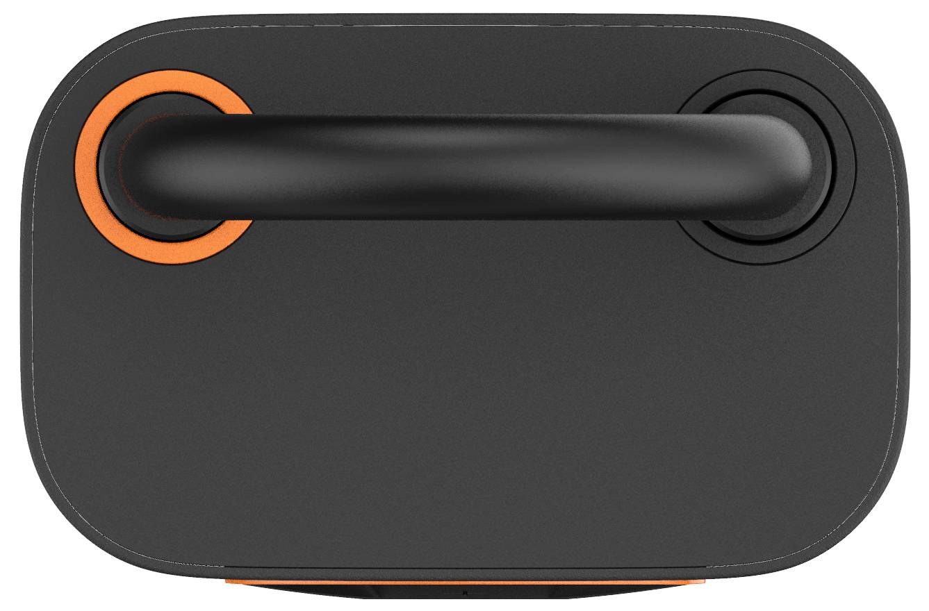 Luftaufnahme eines schwarzen und orangefarbenen rechteckigen Handgeräts mit einem zentralen Griff und kreisförmigen Enden.