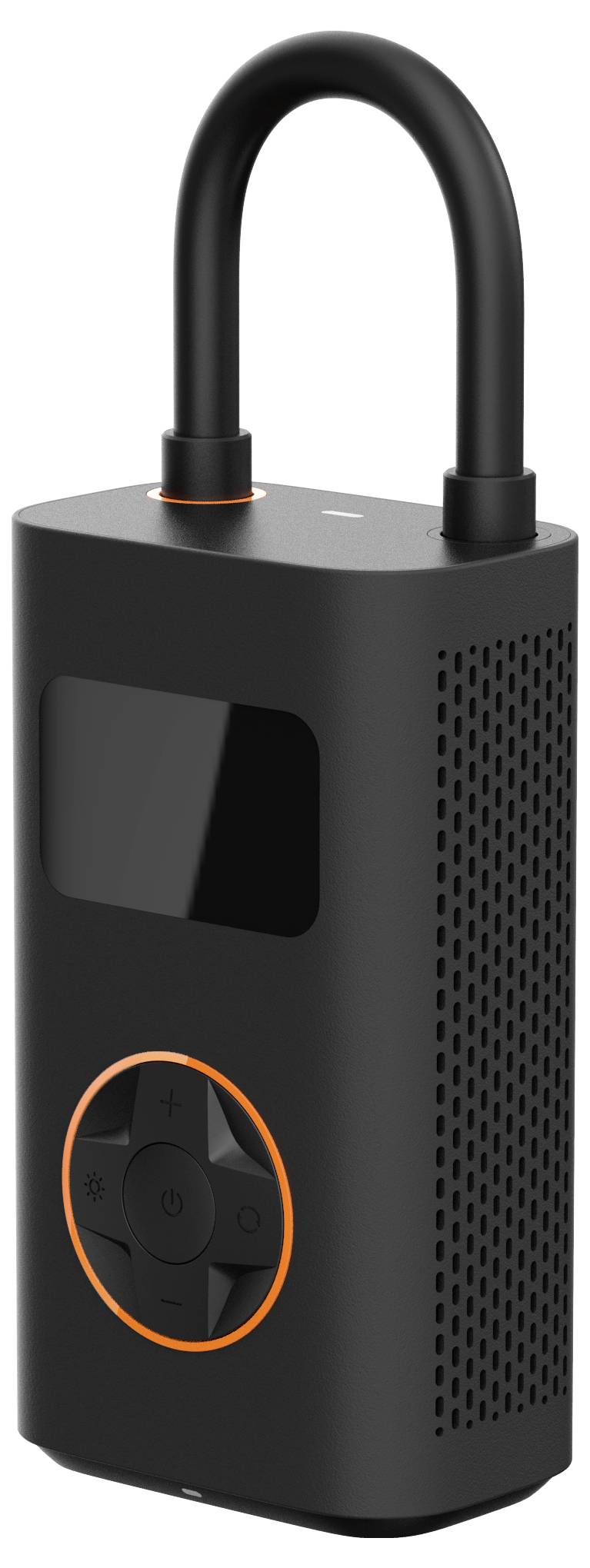 Ein kompakter, schwarzer, rechteckiger tragbarer Luftkompressor mit einem orangefarbenen Einstellrädchen und LED-Display, versehen mit einem Griff und Lüftungslöchern.