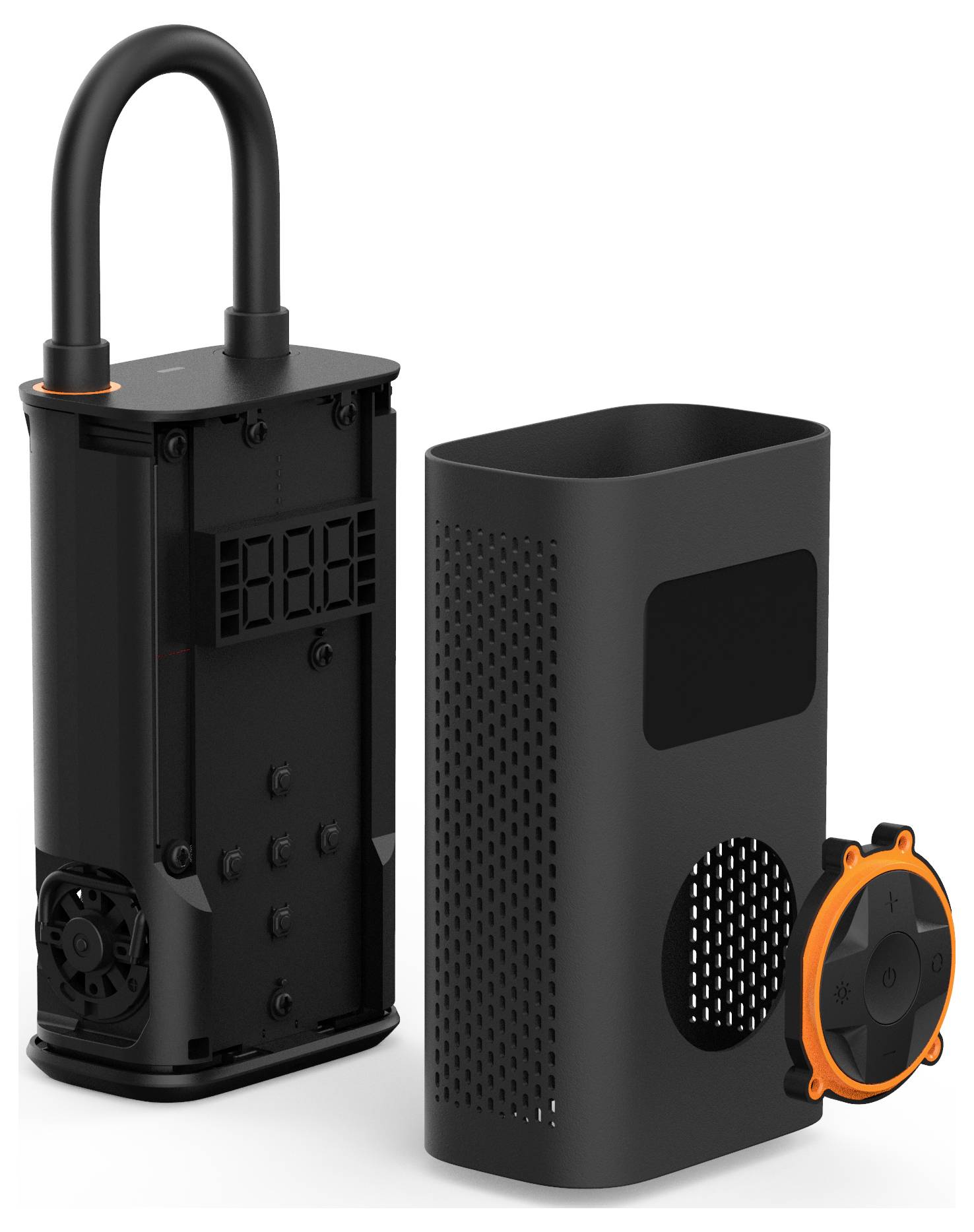 Tragbare Luftpumpe mit digitaler Anzeige und abnehmbarem Gehäuse, bei der die Innenkomponenten sichtbar sind. Kompaktes Design für einfache Lagerung.