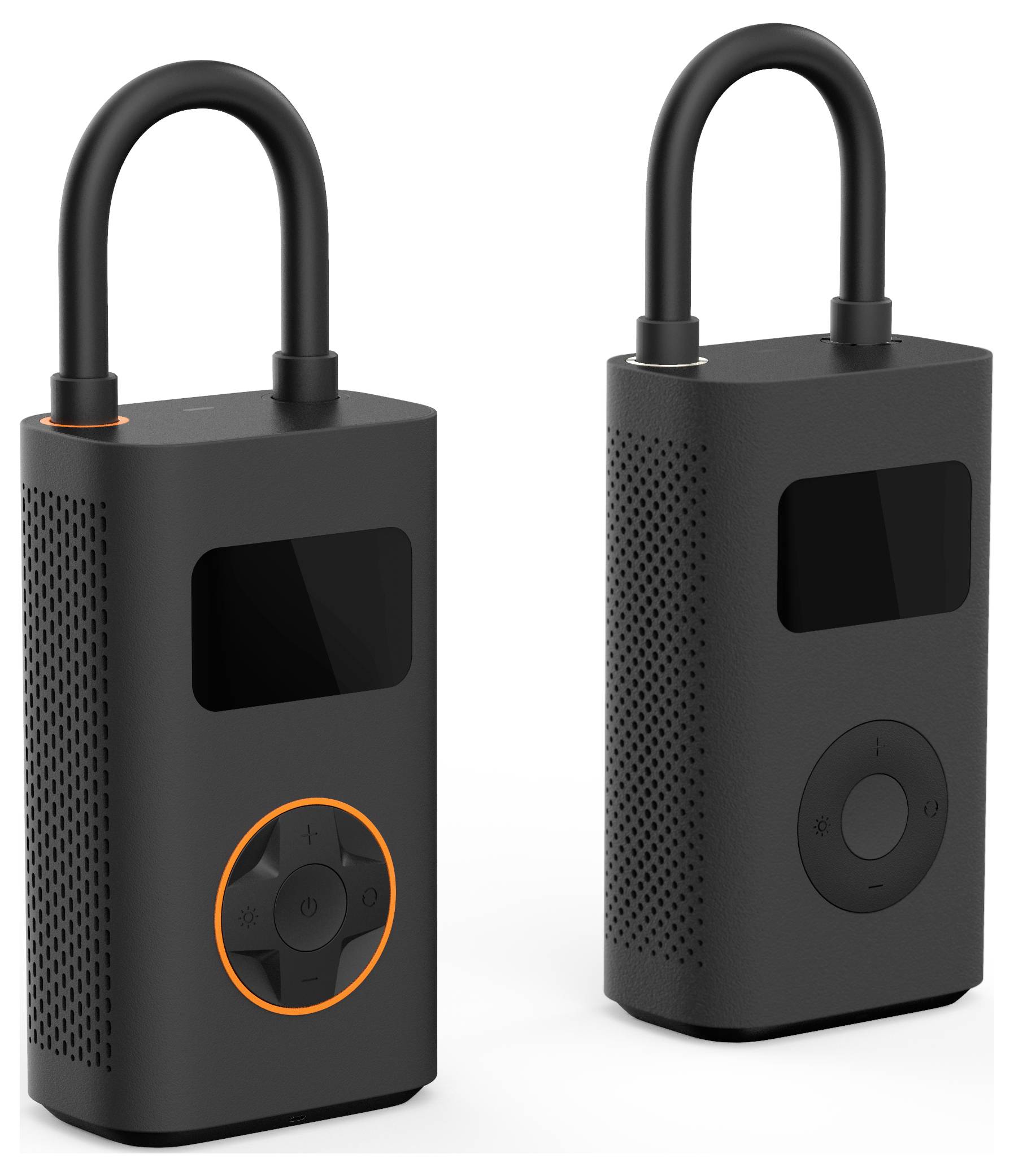 Zwei schwarze, rechteckige Geräte mit Bildschirmen und kreisförmigen Bedienungselementen, die eine obere Schlaufe zum Aufhängen oder Tragen aufweisen.