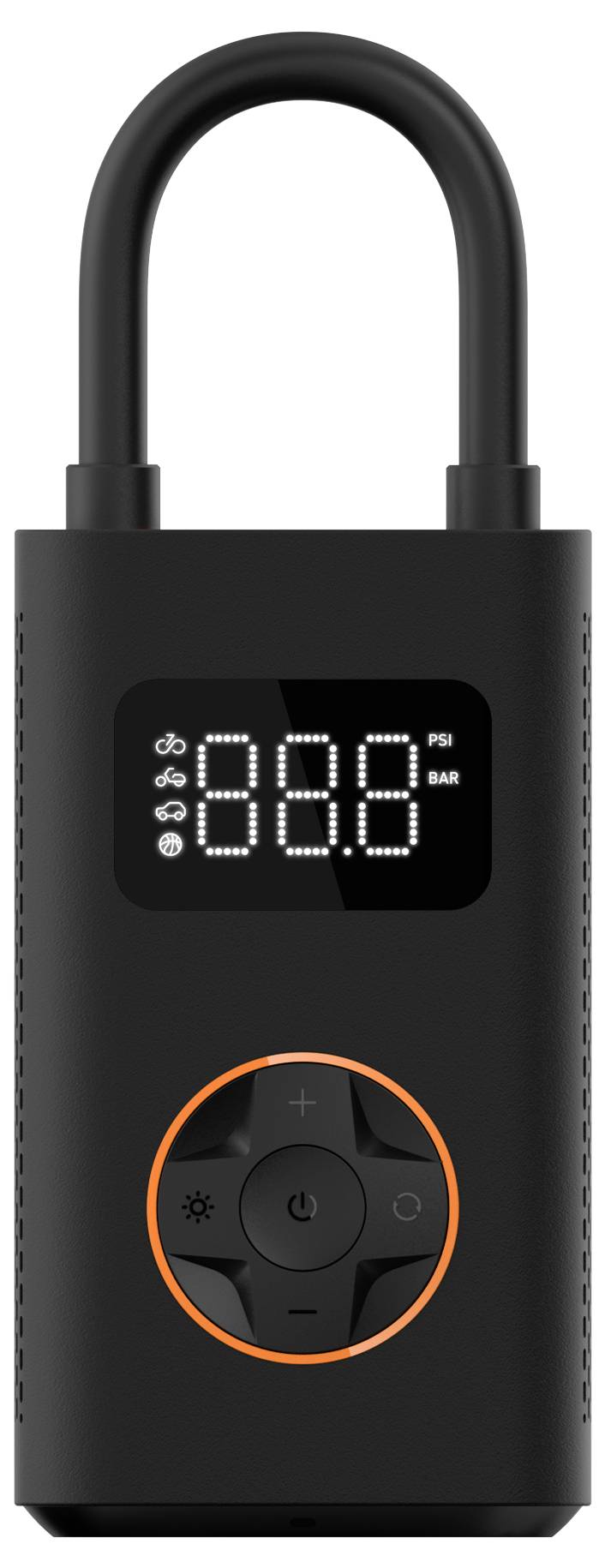 Ein schwarzes elektronisches Schloss mit einer digitalen Anzeige, die '888 PSI' zeigt, und Einstellungstasten darunter, umgeben von einem orangefarbenen Kreis.