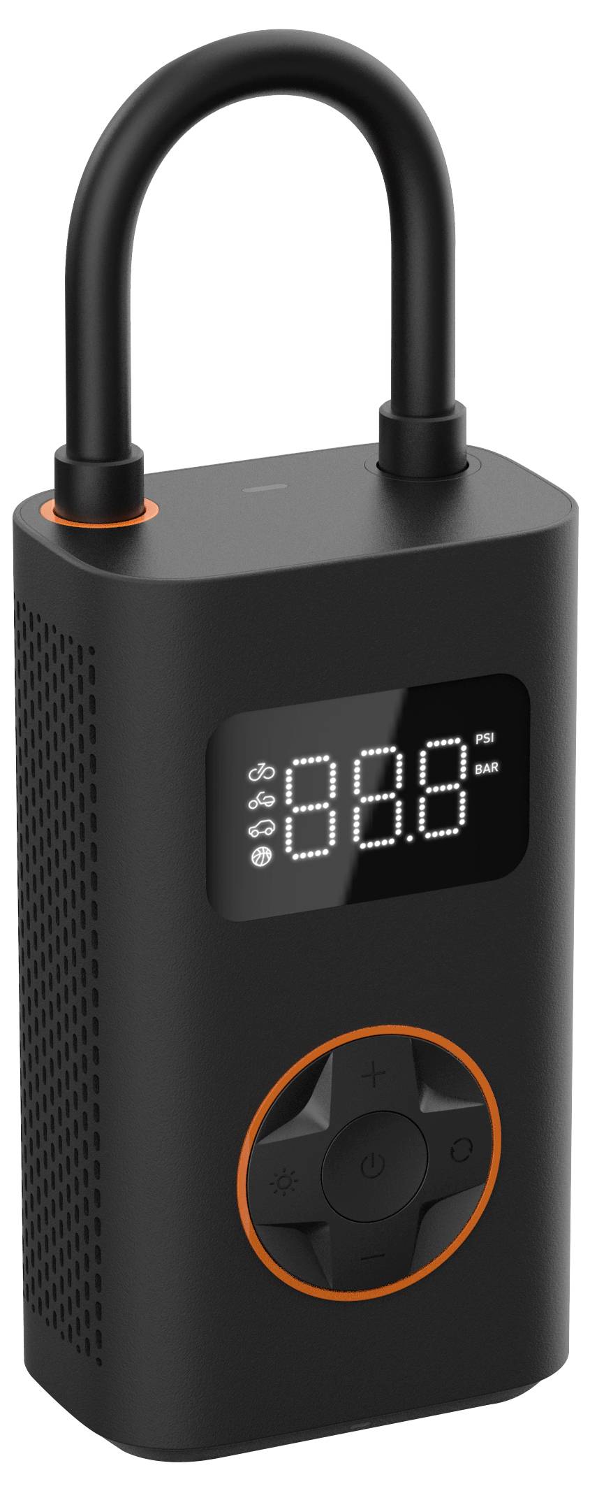 Eine schwarze tragbare Luftpumpe mit LED-Display, das '88,8 PSI' anzeigt, Steuerungstasten und einem Griff zum einfachen Tragen.