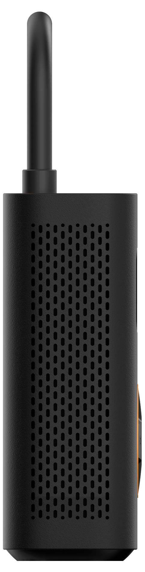 Ein schwarzes Walkie-Talkie mit einer Antenne, Seitenansicht mit Lochungen für den Lautsprecher.