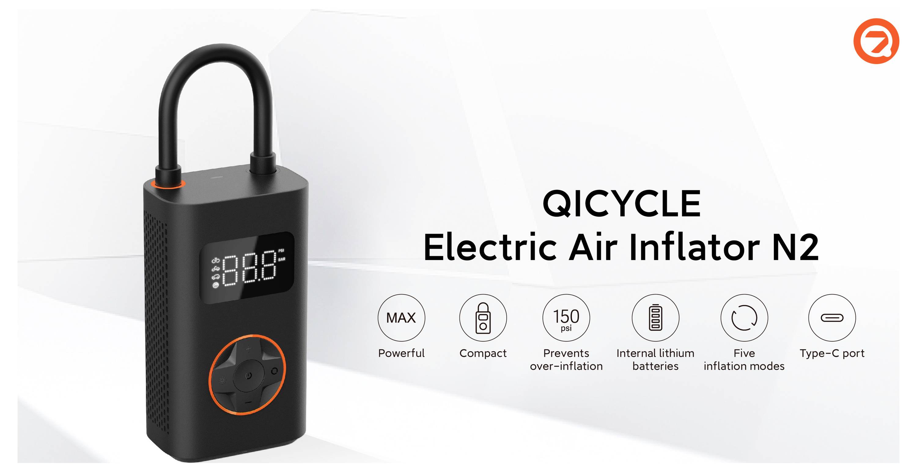 'QICYCLE Elektrischer Luftverdichter N2' mit Eigenschaften: leistungsstark, kompakt, verhindert Überaufpumpen, 150 psi, Lithiumbatterien, fünf Modi, USB-C-Anschluss.