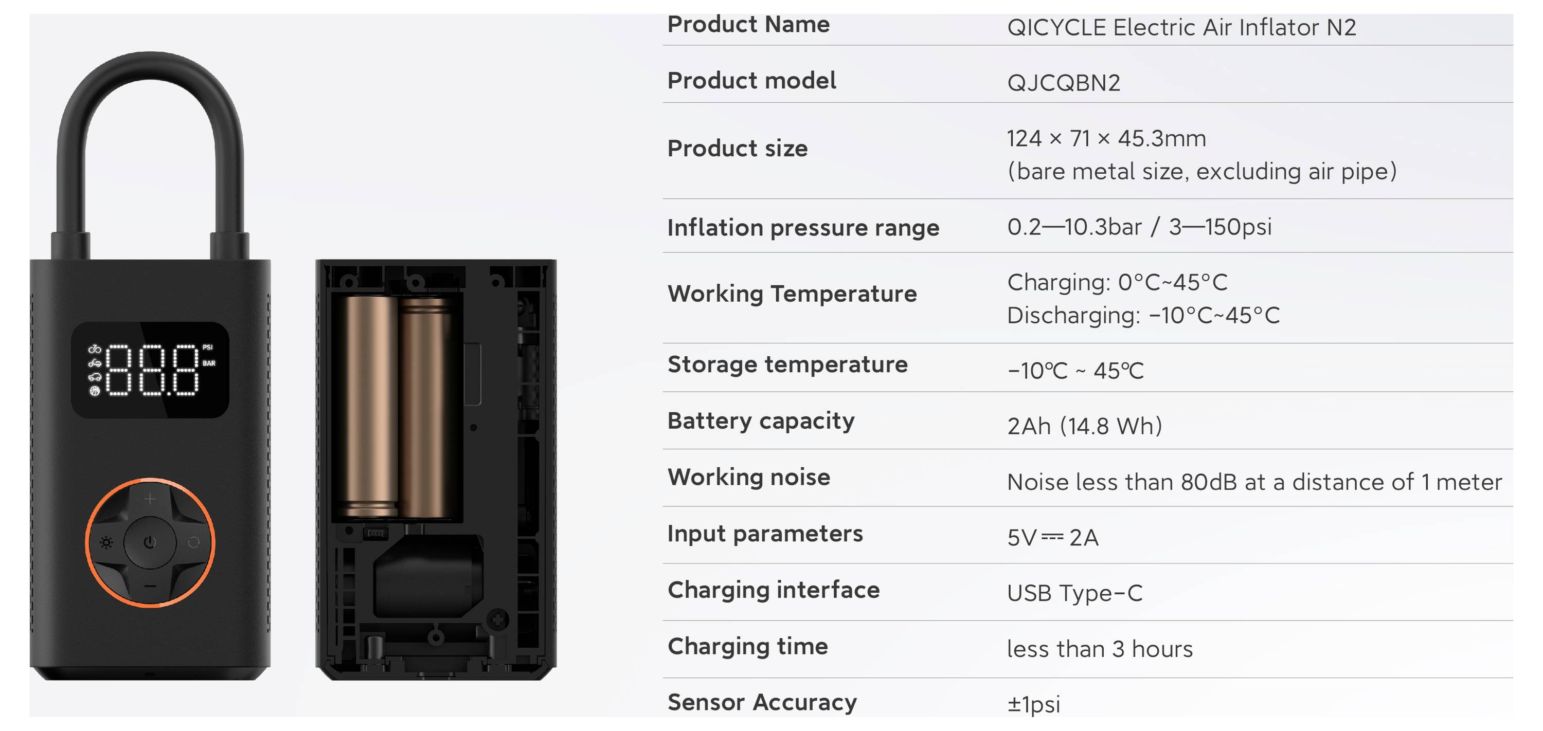 Digitales Anzeigegerät mit Aufschrift 'Produktname: QICYCLE Elektrischer Luftkompressor N2' mit Spezifikationen wie Größe, Druckbereich, Akku und Eingabeparametern.