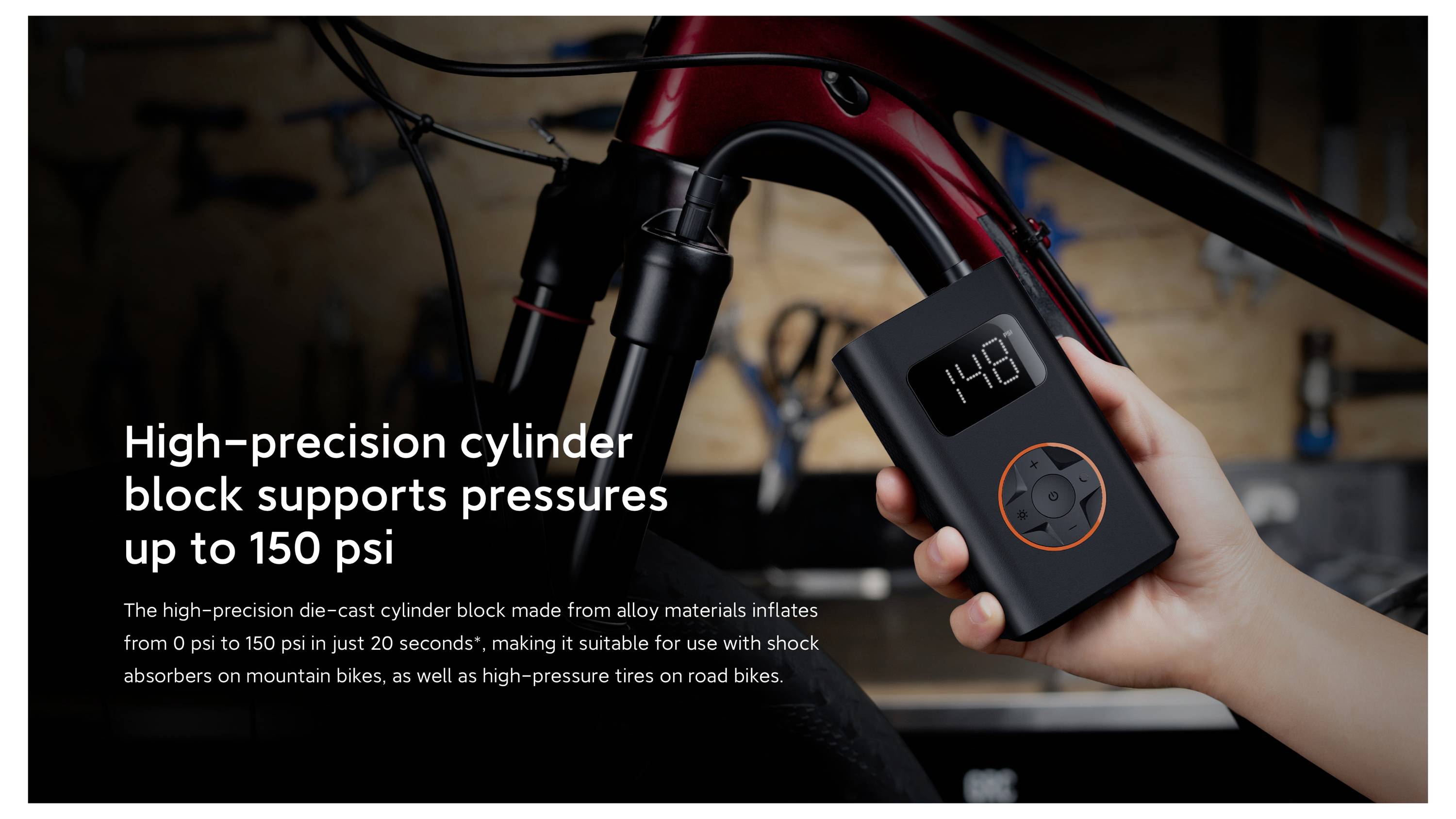 Eine Hand hält einen digitalen Reifendruckmesser, der '40,8' PSI neben einem Fahrradreifen anzeigt. Der Text lautet: 'Hochpräziser Zylinderkörper unterstützt Drücke bis zu 150 psi.'