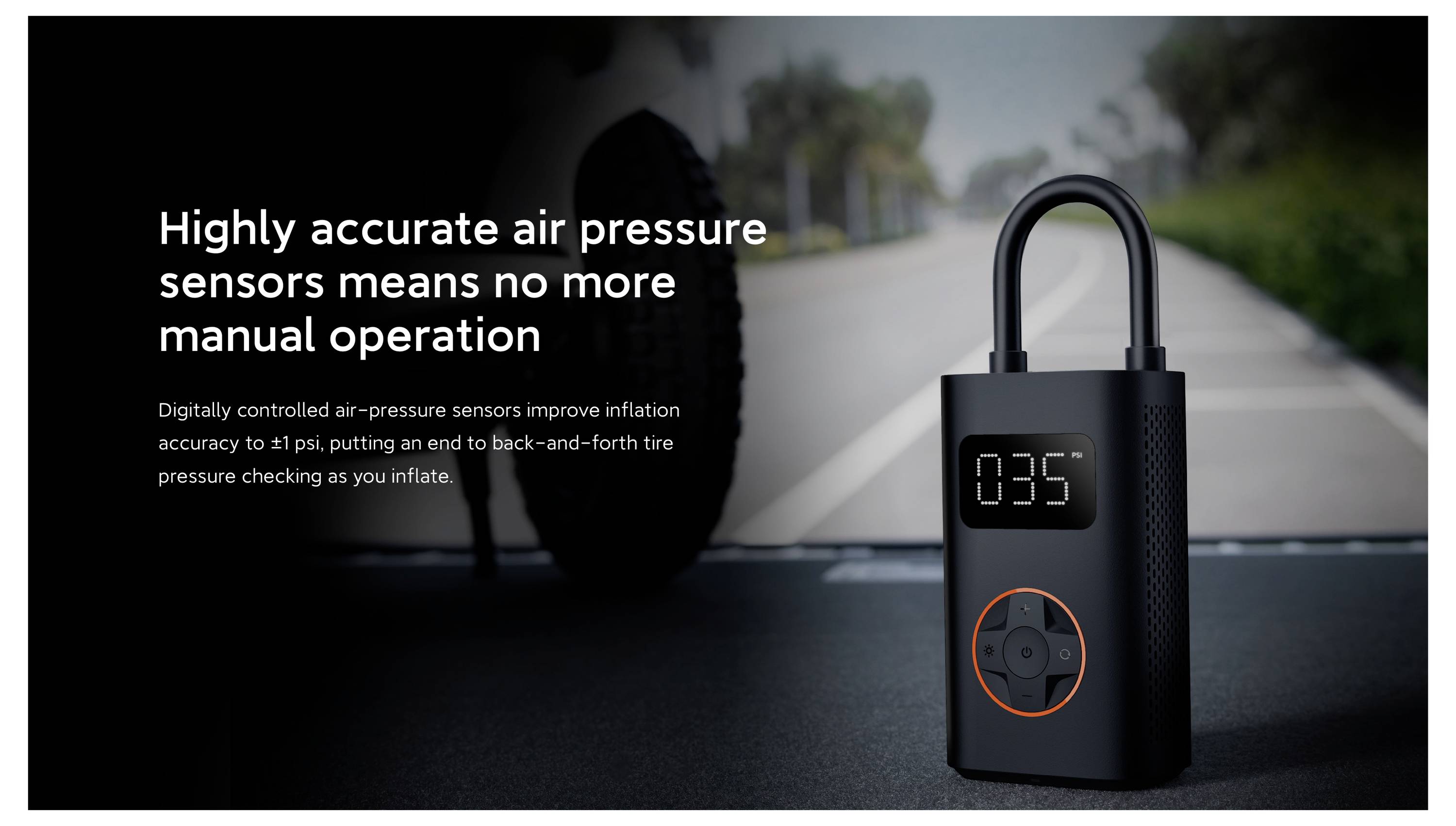 Eine tragbare Luftpumpe mit einer digitalen Anzeige, die '035' zeigt, ist abgebildet. Text lautet: 'Hochpräzise Luftdrucksensoren bedeuten kein manuelles Bedienen mehr.'