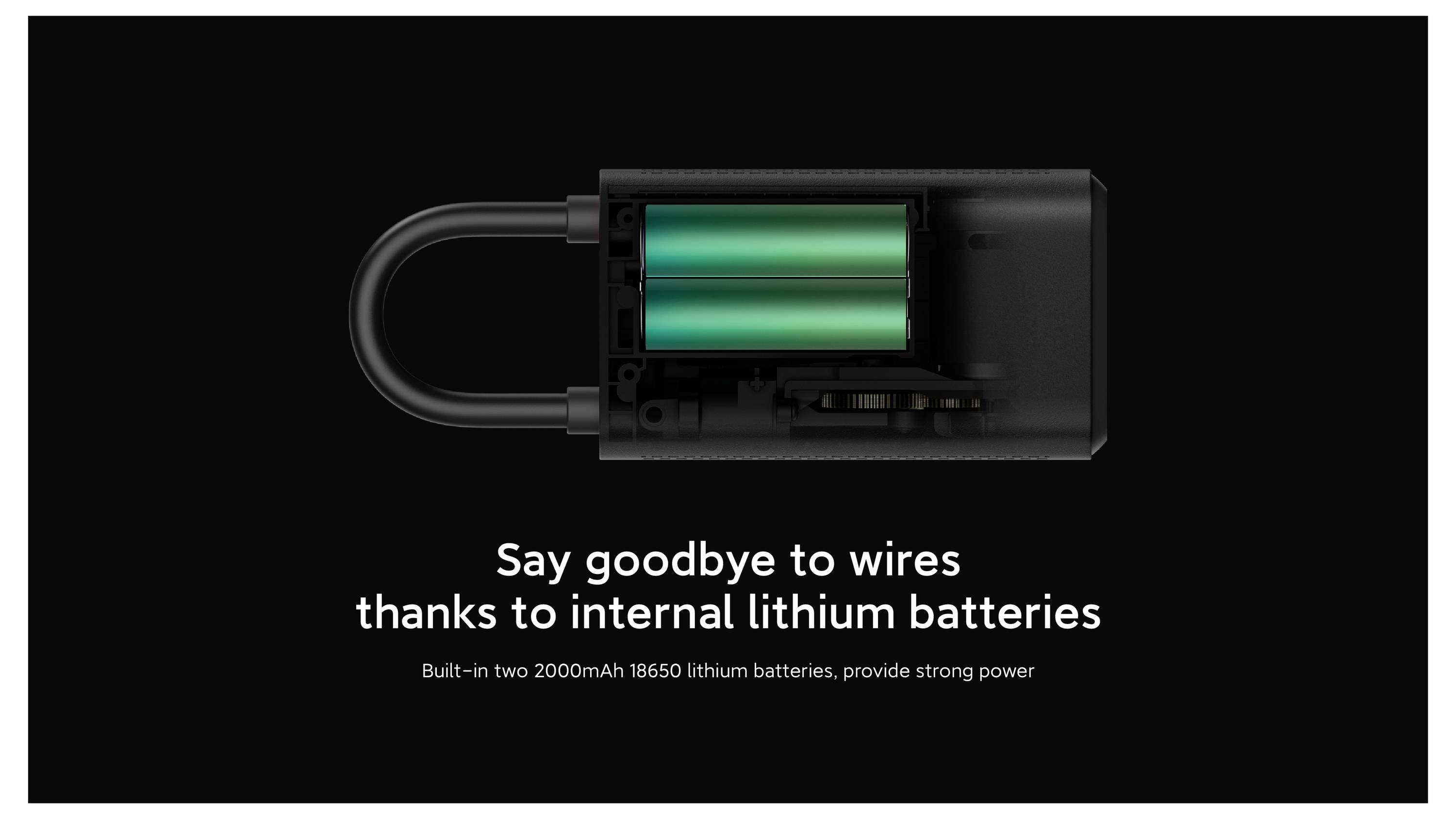 Innenansicht eines Geräts mit Lithium-Batterie; Text besagt: „Verabschieden Sie sich von Kabeln dank interner Lithium-Batterien.