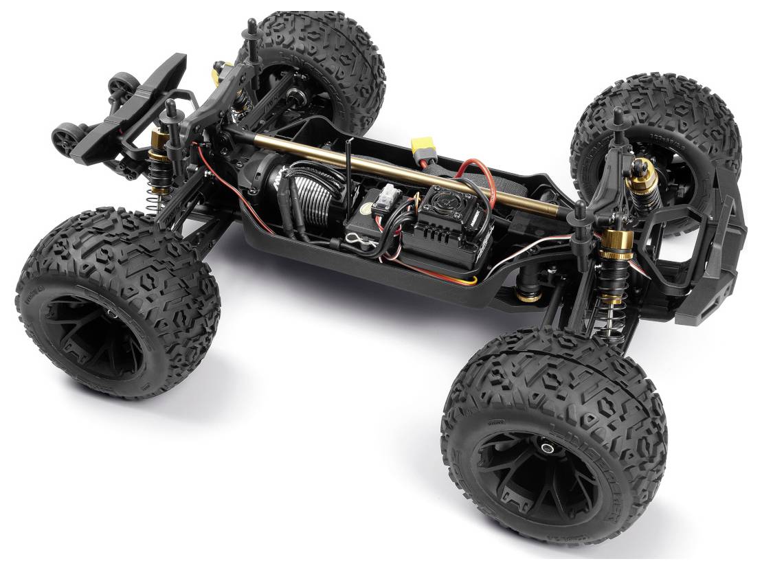 Ein schwarzes Ferngesteuertes Geländefahrzeug-Chassis mit freiliegenden Zahnrädern, Kabeln und Federsystem, das robuste Reifen und detaillierte technische Komponenten präsentiert.