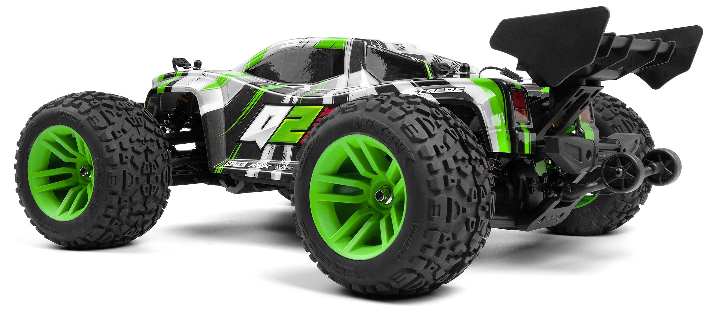 Ein grüner und schwarzer Spielzeug-Monstertruck mit großen Reifen und einem Heckflügel, der ein sportliches Design präsentiert.