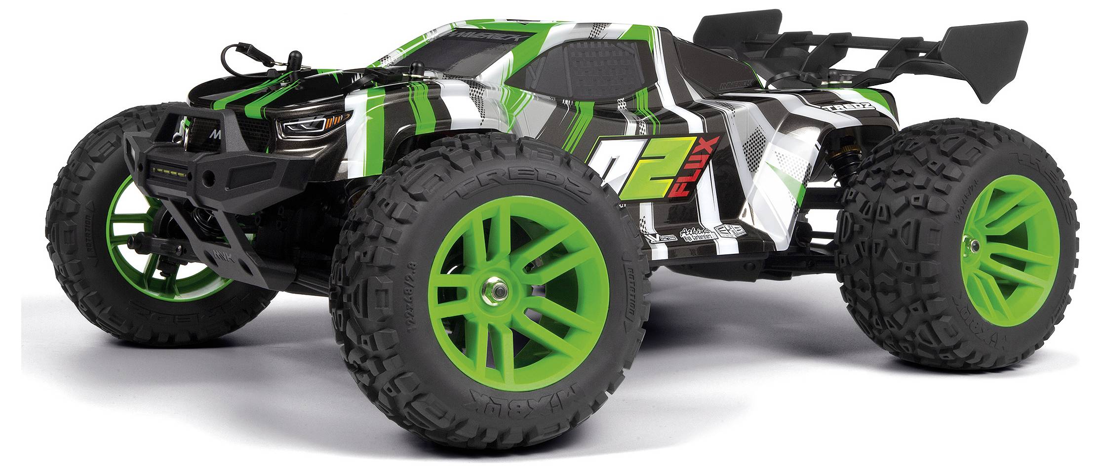 Ein grünes und schwarzes ferngesteuertes Auto mit großen, robusten Reifen und sportlichem Design, geeignet für Offroad-Rennen.