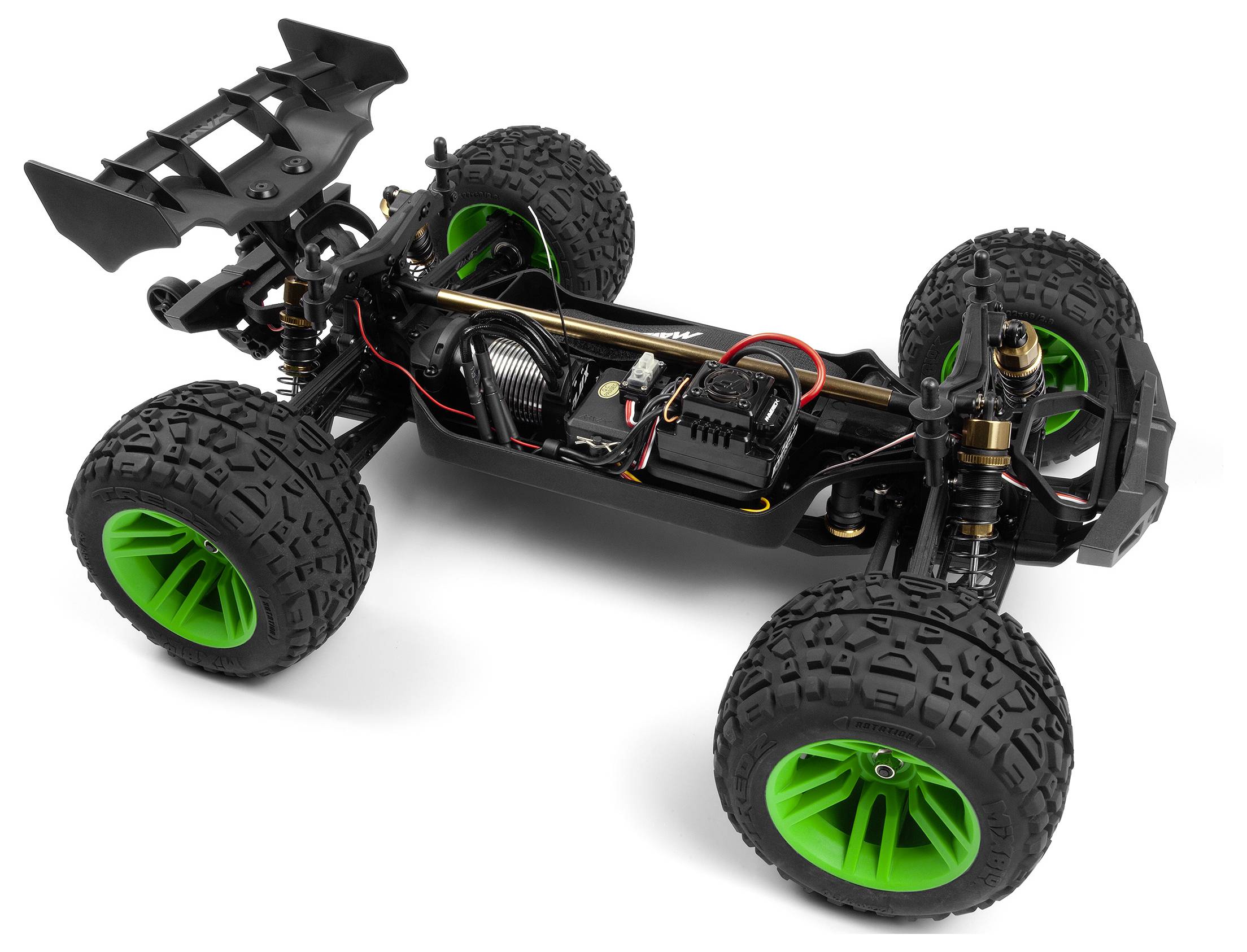 Schwarzes RC-Autofahrgestell mit grünen Rädern, freiliegende elektronische Komponenten und Geländereifen, von oben betrachtet.