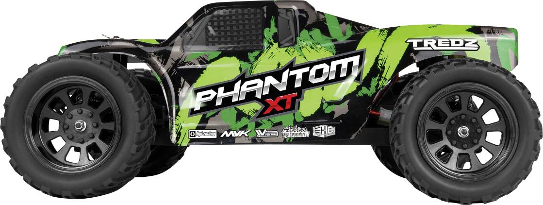 Ein grüner und schwarzer ferngesteuerter Monstertruck mit der Aufschrift 'Phantom XT' und großen Reifen, der ein robustes Geländefahrzeug-Design präsentiert.