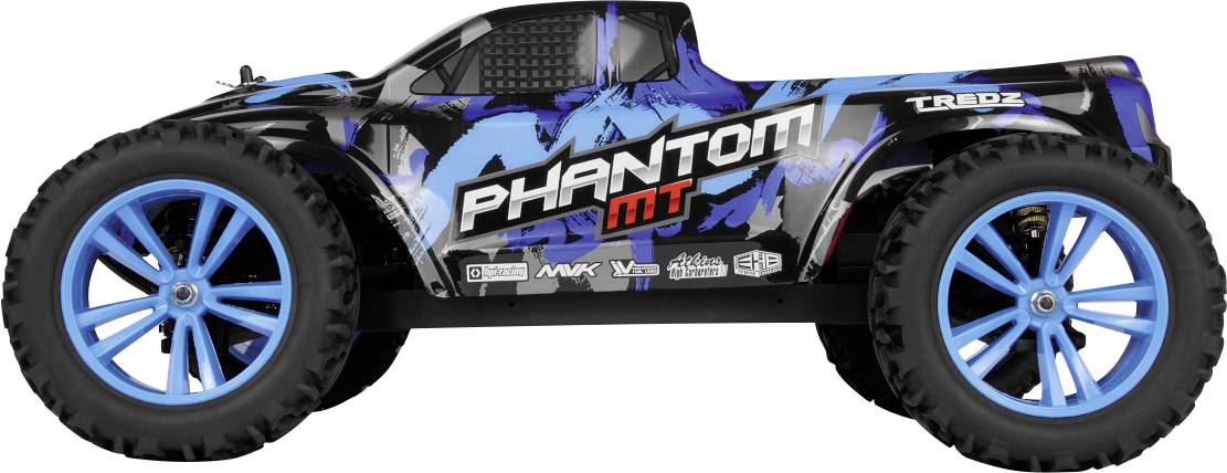 Ein schwarzer und blauer Spielzeug-Lastwagen mit großen Reifen und blauen Felgen, mit dem Text 'Phantom MT' an der Seite.