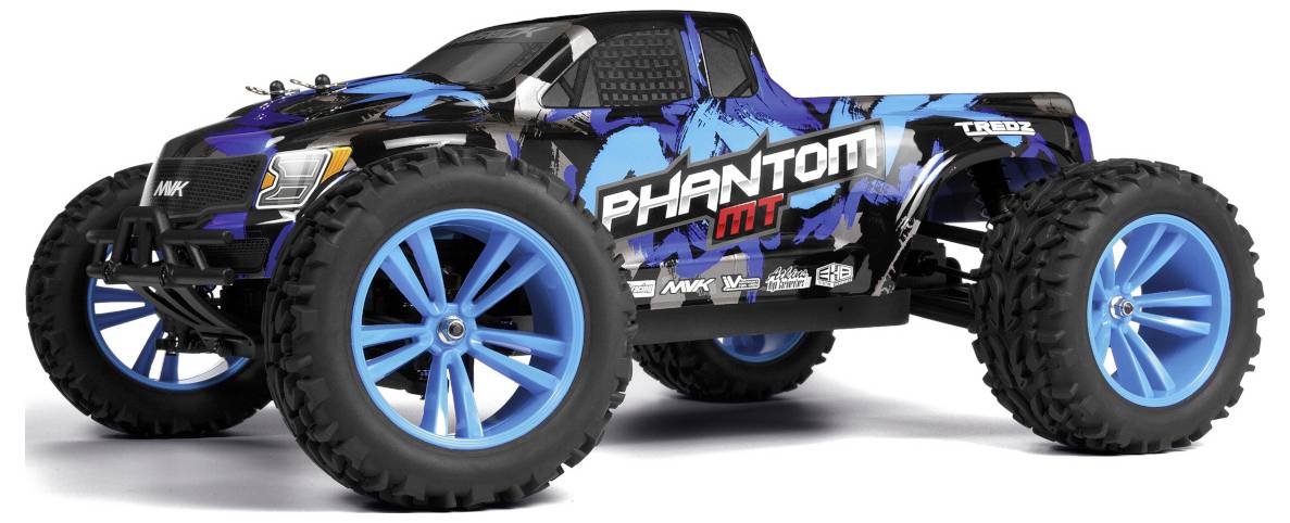 Ein ferngesteuertes Truck mit der Aufschrift 'Phantom MT' an der Seite. Es ist schwarz mit blauen Akzenten und großen blauen Rädern, was ein robustes Design zeigt.