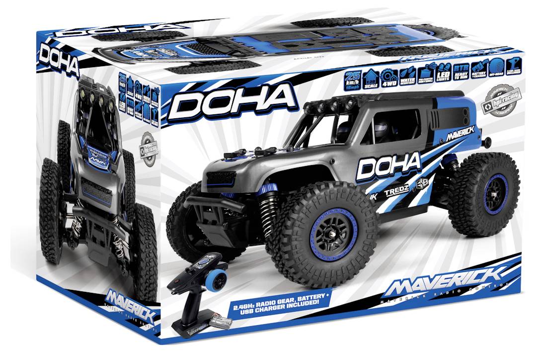 Ferngesteuertes Spielzeug-Truck in Blau und Schwarz mit überdimensionalen Rädern, auf seiner Verpackung abgebildet. Inklusive Funksteuerungsausrüstung, Batterie und USB-Ladegerät.