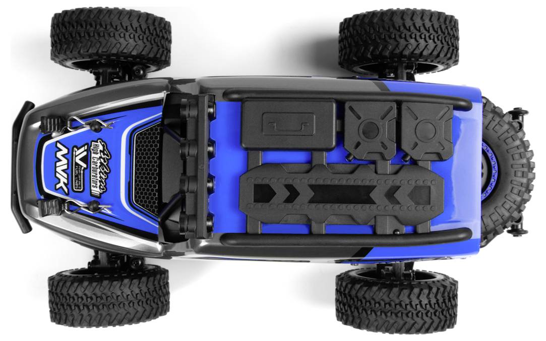 Eine Draufsicht eines blau-schwarzen ferngesteuerten Geländefahrzeugs mit großen, robusten Reifen und einem detaillierten Design auf der Motorhaube.