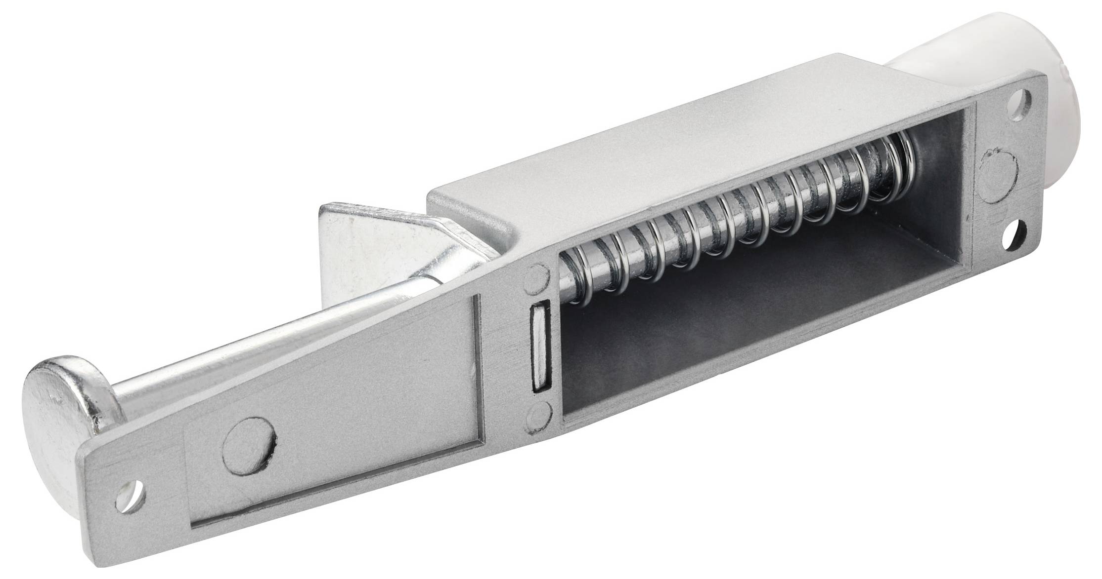 Ein Metalltürriegel mit Federmechanismus, konstruiert für sicheres Verriegeln. Die robuste Bauweise gewährleistet Langlebigkeit und zuverlässige Funktion.